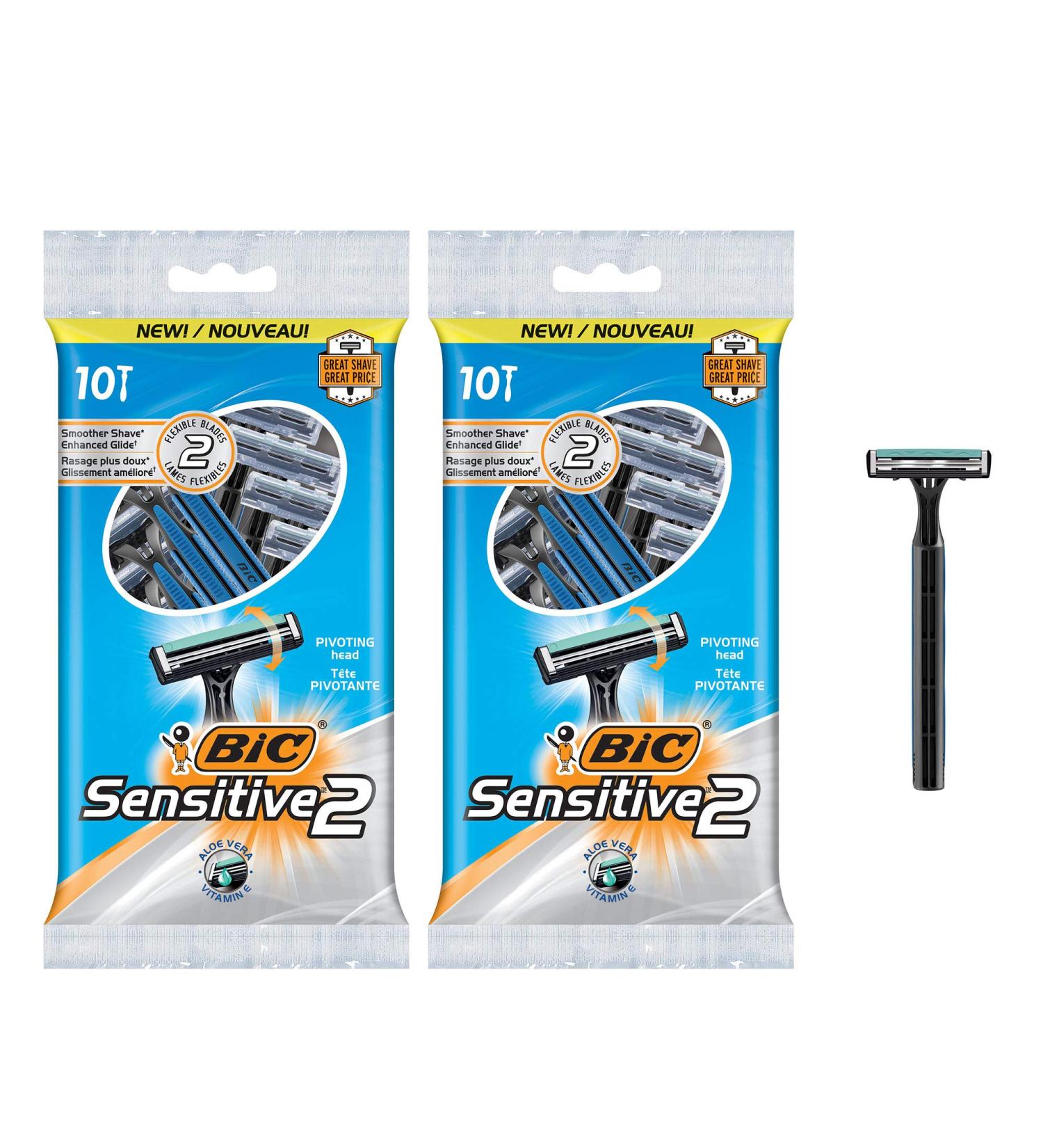 BIC Sensitive 2 Men's Disposable Razor | Two Blade Razor for Comfortable Shave | Blue Razors 20 Count - Buy Online on GoSupps.com
