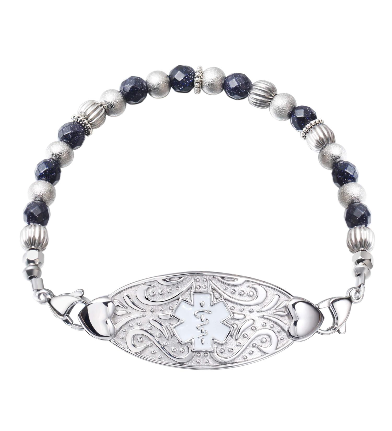 Custom Medical Alert ID Beaded Bracelet for Women | Personalized Stainless Steel Emergency ID Jewelry with Free Engraving | MunsteryAid | 6.5 to 8.5 Inches - Buy Online on GoSupps.com
