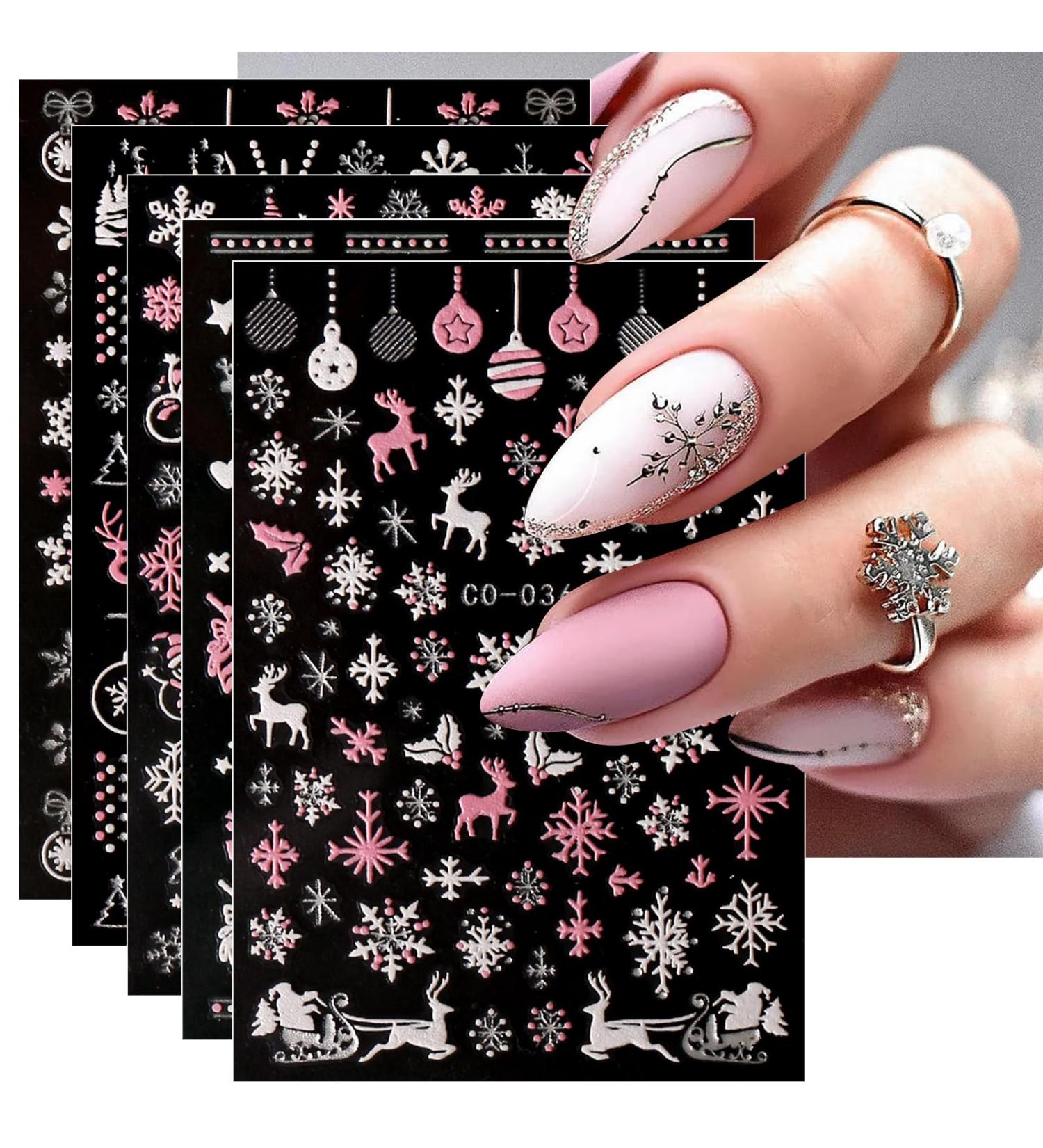 JMEOWIO 12 Sheets Christmas Glitter Nail Art Stickers Decals Self-Adhesive Snowflake Winter Holiday Cute Silver Pink Nail Supplies Nail Art Design Decoration Accessories - Buy Online on GoSupps.com