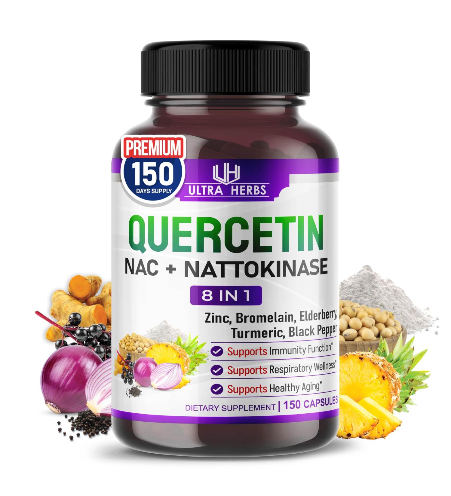 Quercetin Supplement with Bromelain, Vitamin C and Zinc, Nattokinase, NAC, Elderberry, Elderberry | 8 in 1 Ultra Antioxidant Complex for Immune Health | 150 Capsules 150 count (pack of 1) - Buy Online on GoSupps.com