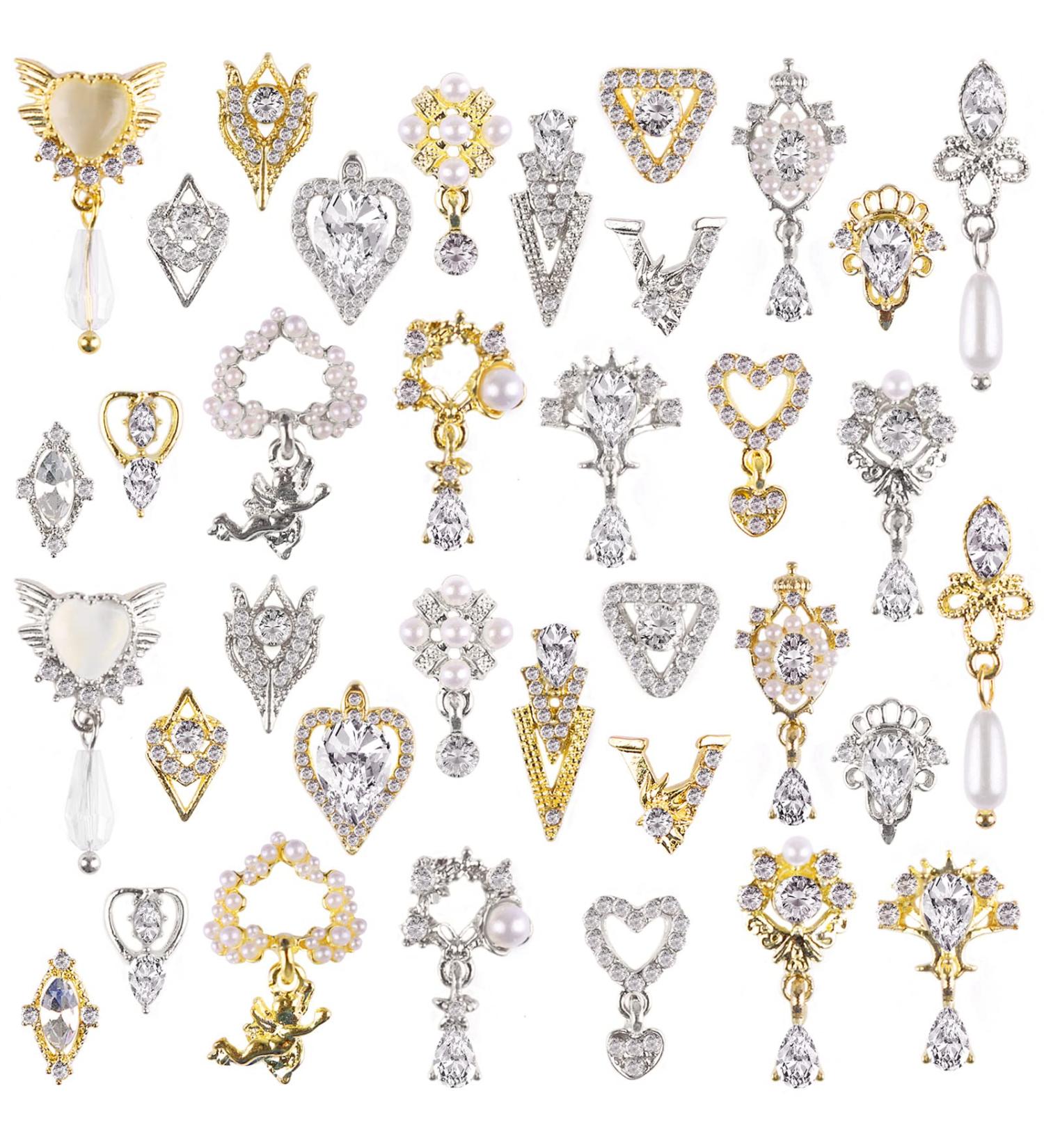 36 Pcs Luxury TOROKOM 3D Dangle Nail Art Charms - Gold Silver Heart Pearl Crystal Gems for Women - DIY Nail Design Craft Jewelry - Buy Online on GoSupps.com