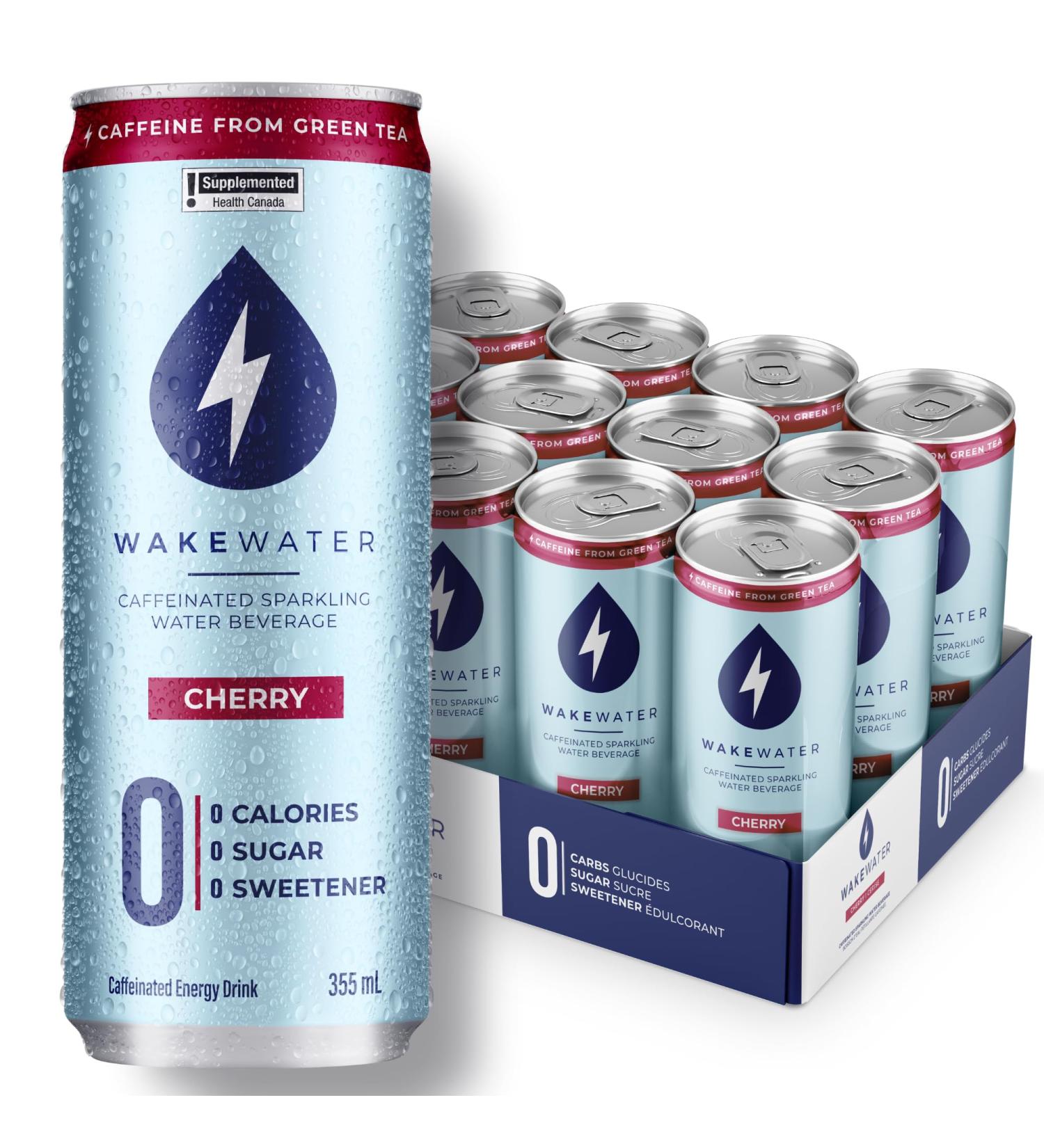 WakeWater Sparkling Water | Cherry | Natural Green Tea Caffeine | Zero Sugar Zero Calories Sweetener Free Sugar Free | 355ml X 12 cans - Buy Online on GoSupps.com