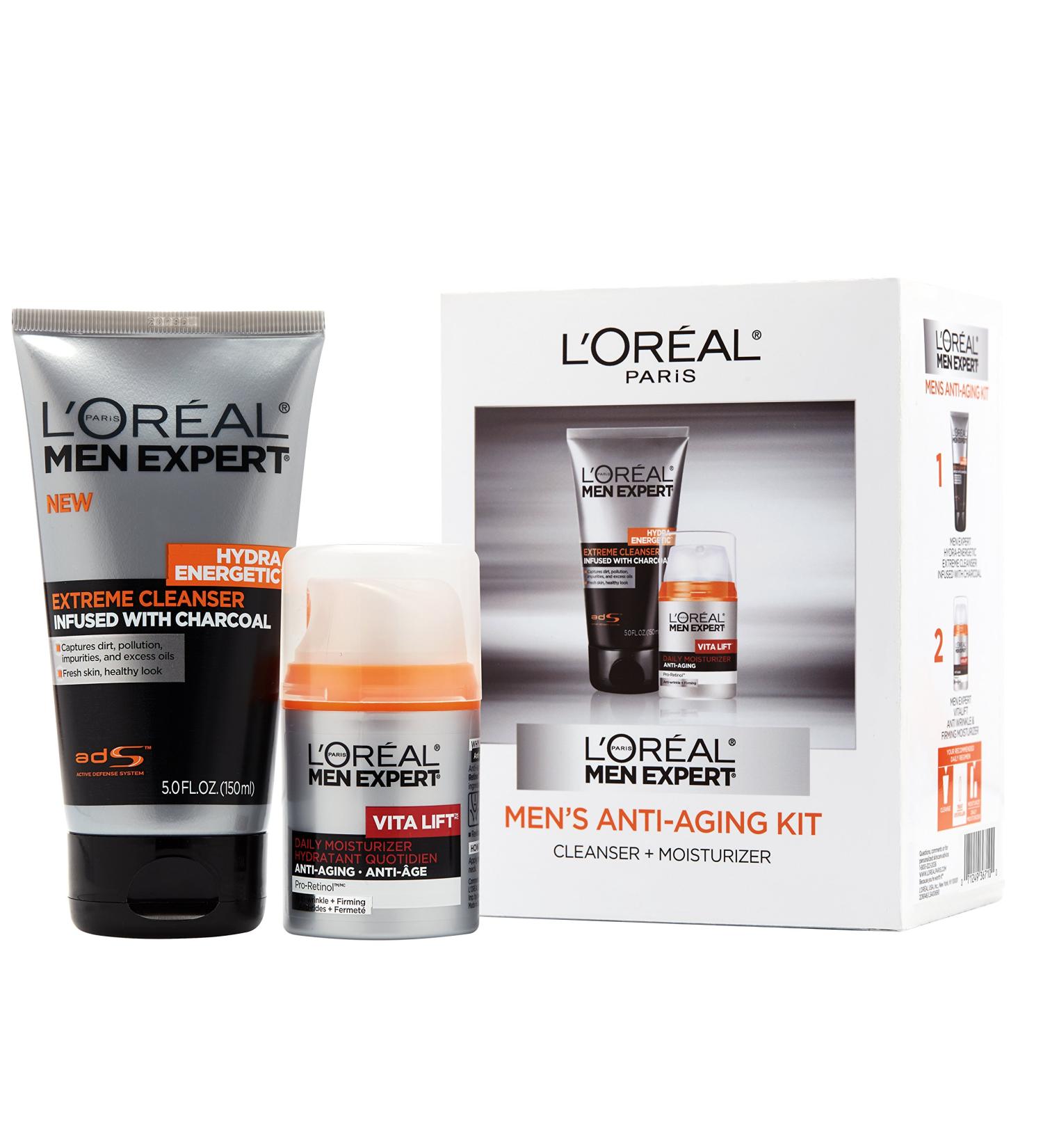 L'Oreal Paris Men Expert Charcoal Facial Cleanser & Anti-Wrinkle & Firming Face Moisturizer Gift Set (Set of 2)