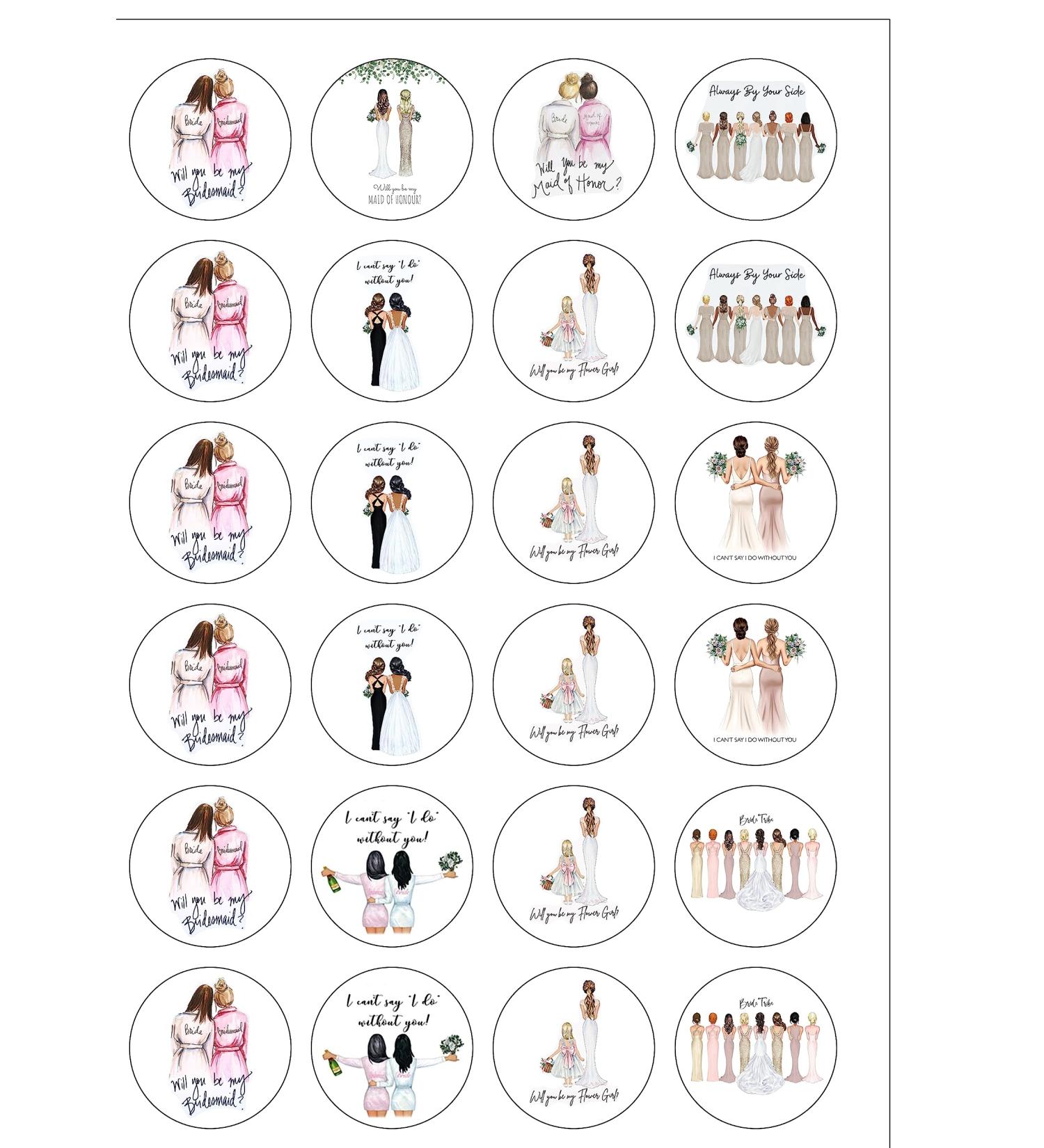 24 Precut Will You Be My Bridesmaid/Maid of Honour/Flower Girl Wedding Team Bride Edible Wafer Paper Cake Toppers Decorations