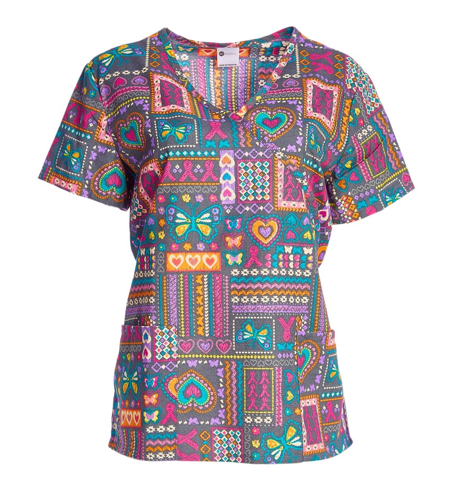 24|7 Comfort Scrubs Women's Butterfly and Heart V Neck Crossover Scrub Top X-Large Butterfly/Heart