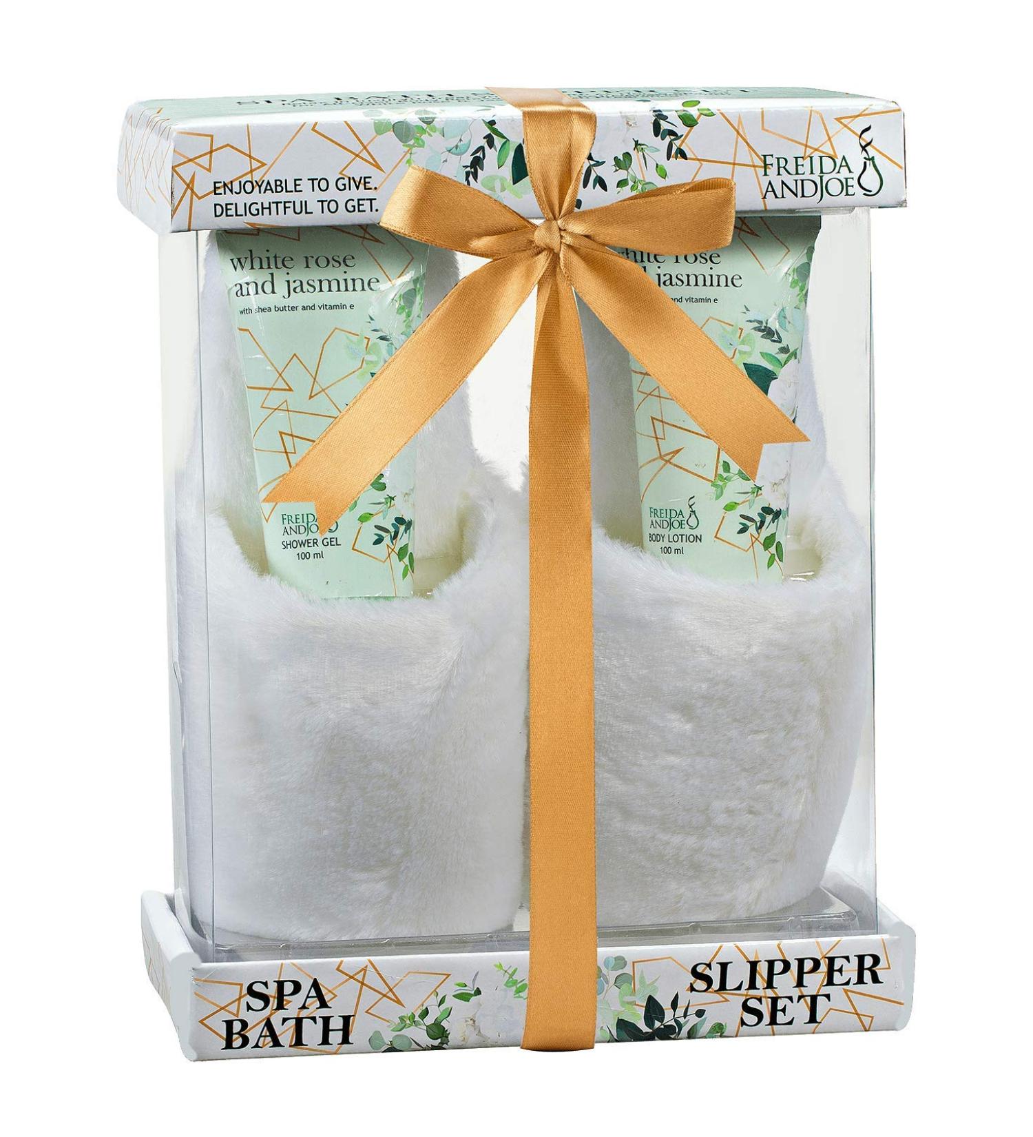 White Rose Jasmine Home Spa Slippers Set - Luxury Bath & Body Gift Basket for Women - Includes Body Lotion, Shower Gel, Plush Slippers - Perfect Holiday Gift - Buy Online on GoSupps.com