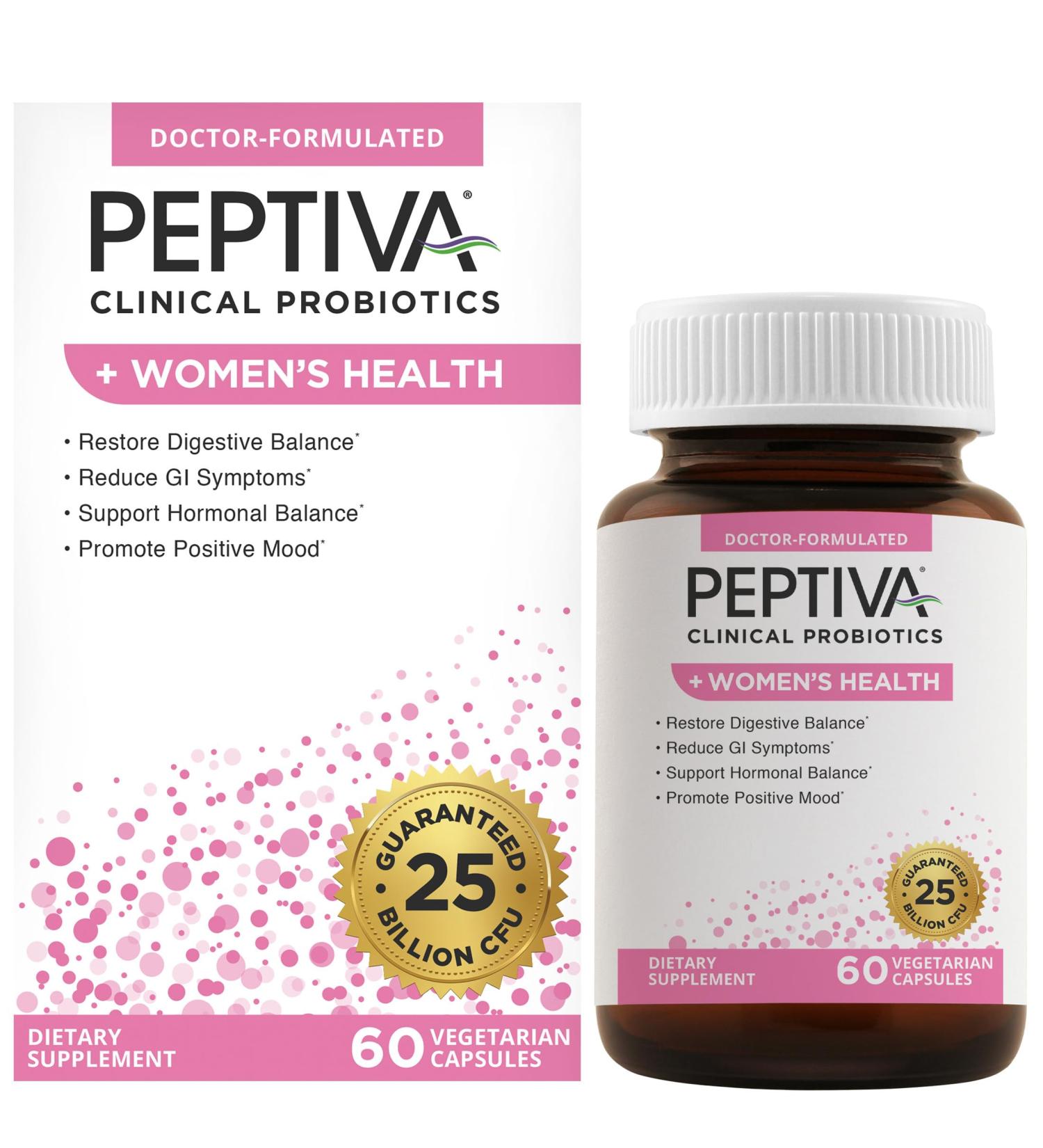 Peptiva Probiotics for Women's Health - Women's Probiotic and Digestive Support, 25 Billion CFU, Multi-Strain Probiotic, Lactobacillus Acidophilus, Bifidobacterium - 60 Vegetarian Capsules - Buy Online on GoSupps.com