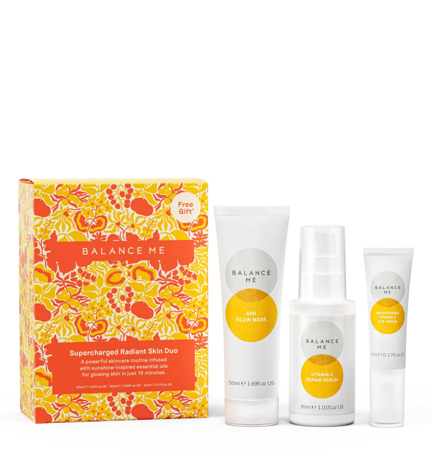 Balance Me Supercharged Radiant Skin Duo Skincare Set with AHA Glow Mask Vitamin C Repair Serum & Free Vitamin C Eye Serum Anti-Aging Brightening & Hydrating 3 Piece Gift Set - Buy Online on GoSupps.com