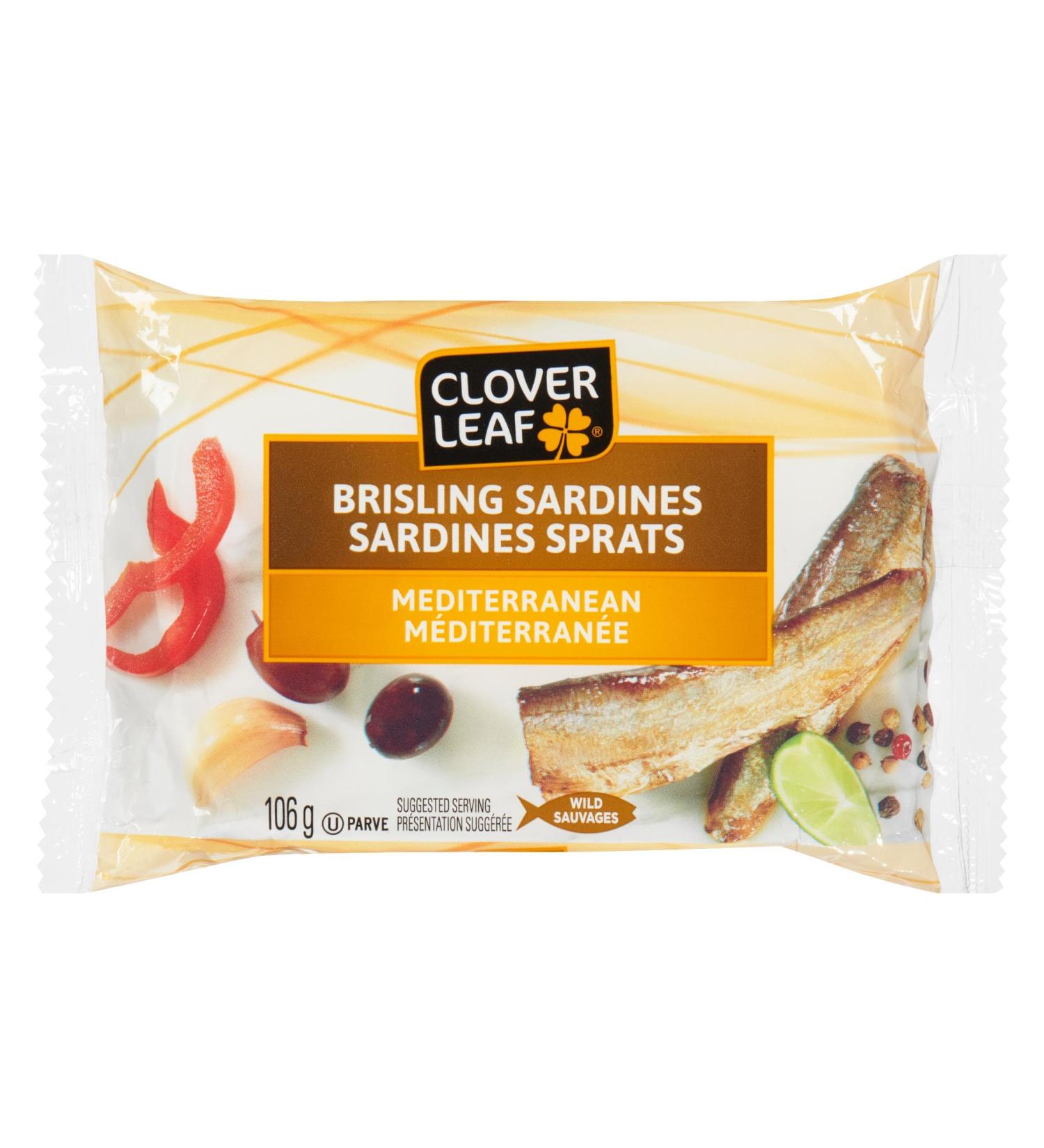 Clover Leaf Brisling Sardines Mediterranean - 106g 12 Count - Canned Sardines - Canned Fish - High In Protein - 14g Of Protein Per Serving - Source Of Omega-3 Iron Vitamin D and Calcium - Buy Online on GoSupps.com