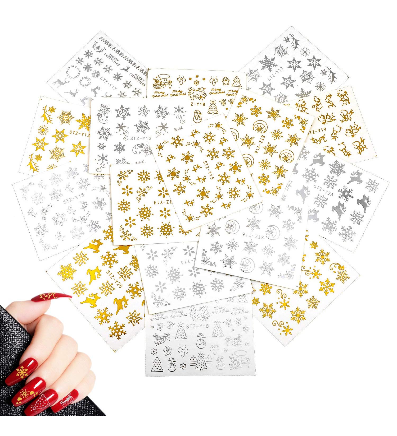 MWOOT 16 Sheets Gold Silver Mixed Nail Art Stickers Christmas Snowflake Deer Head Flowers Christmas Tree Nail Water Transfer Sticker Decals Set for DIY Nail Tips Decoration - Buy Online on GoSupps.com