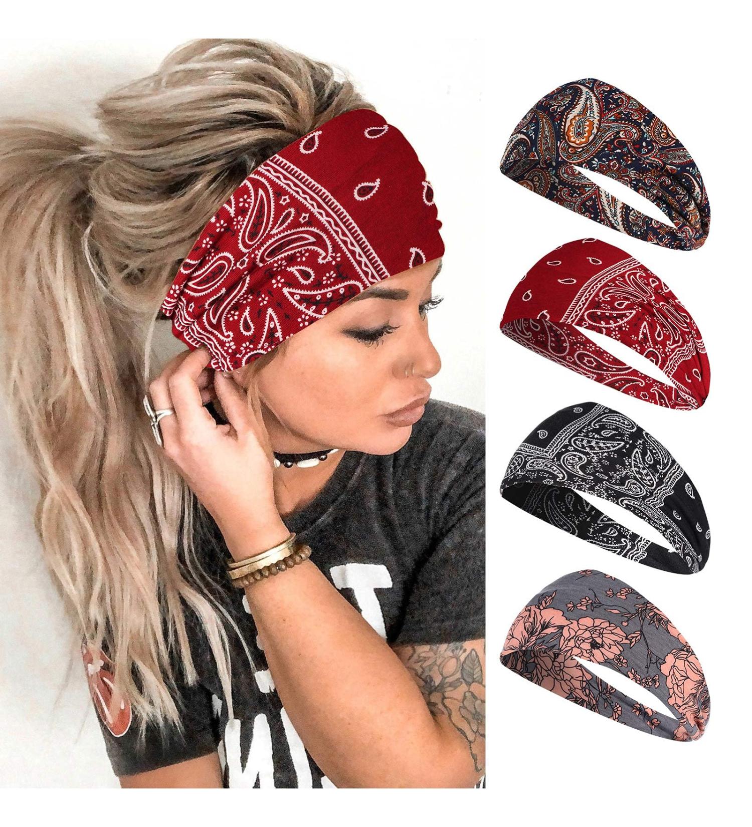 Vemalo Stylish Wide Headbands for Women - Pack of 4 Boho Bandeau Head Bands for Workout and Yoga - Stretch No Slip Hair Wraps - Buy Online on GoSupps.com