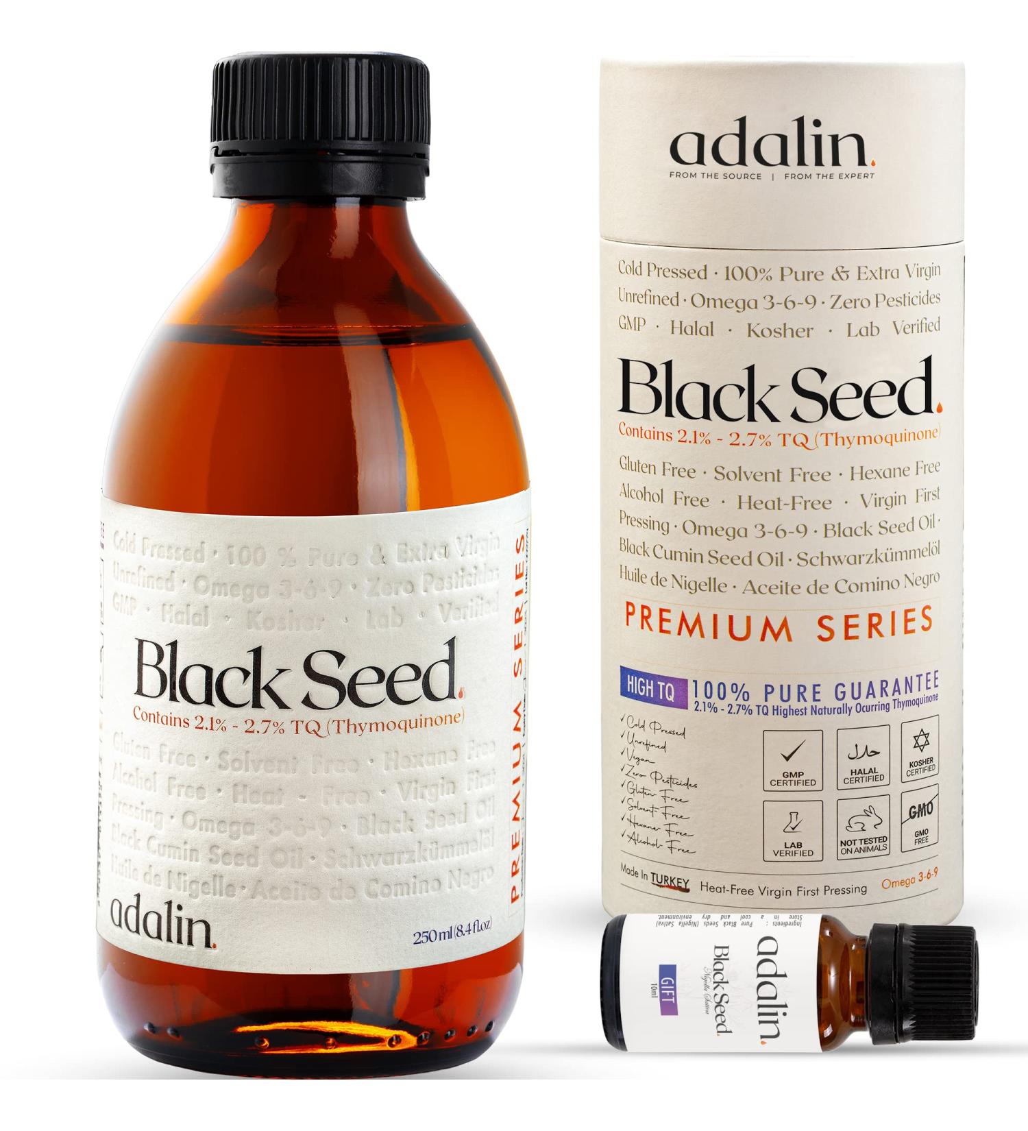 ADALIN Organic Black Seed Oil Liquid - 8.4 fl oz | High Thymoquinone, Cold Pressed, Glass Bottle | Nigella Sativa Seed Oil | Vegan & Gluten Free - Buy Online on GoSupps.com