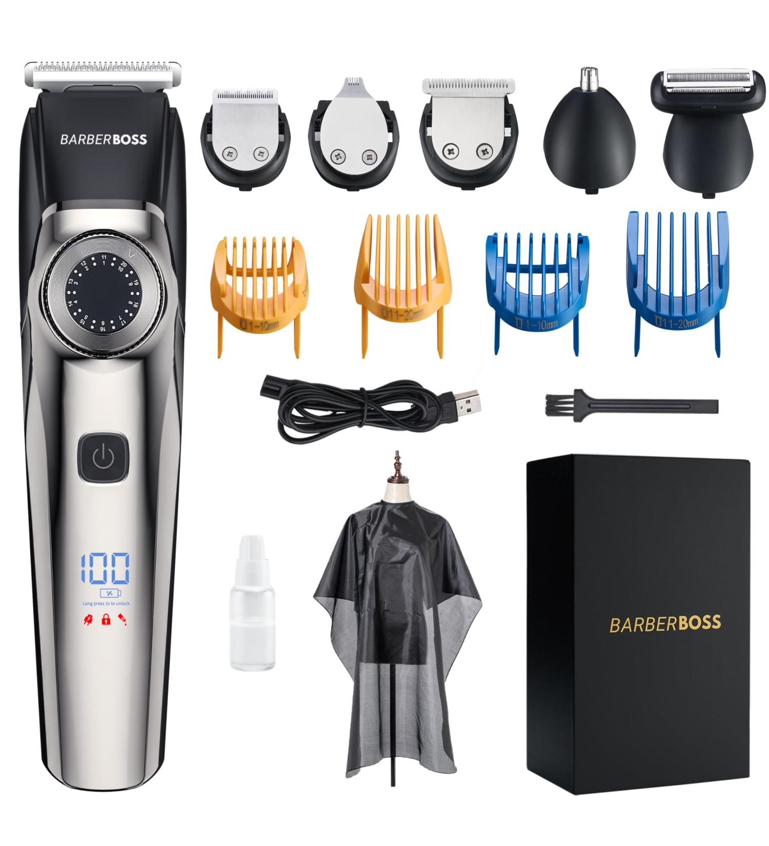 BarberBoss Professional Beard Trimmer Men Hair Clipper 39 Cutting Lengths Waterproof Design Precision Dial Grooming Kit - Ear & Nose LED Display Comb Attachments - Buy Online on GoSupps.com