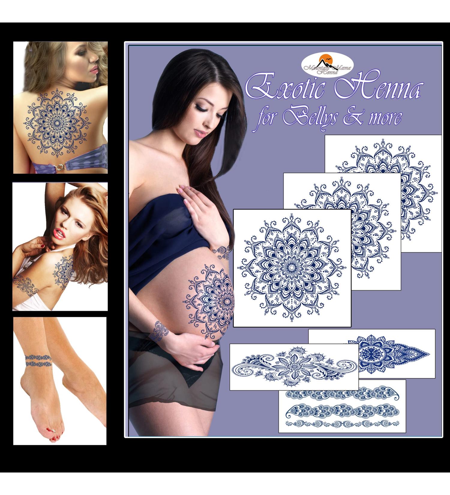 Pregnancy Belly Henna Temporary Tattoo - Realistic Mandala Design for Women. Ideal for Gender Reveal Parties - Waterproof and Elegant (Blue) - Buy Online on GoSupps.com