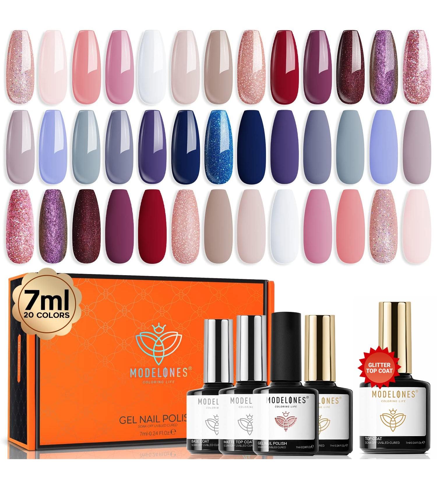 Modelones Gel Nail Polish Kit 20 Colors Nude Gel Polish Set White Glitter Pink Navy Blue Chameleon with Glitter Glossy&Matte Top Base Coat Nails Art Starter Manicure Home DIY Gifts Pink Blue - Buy Online on GoSupps.com