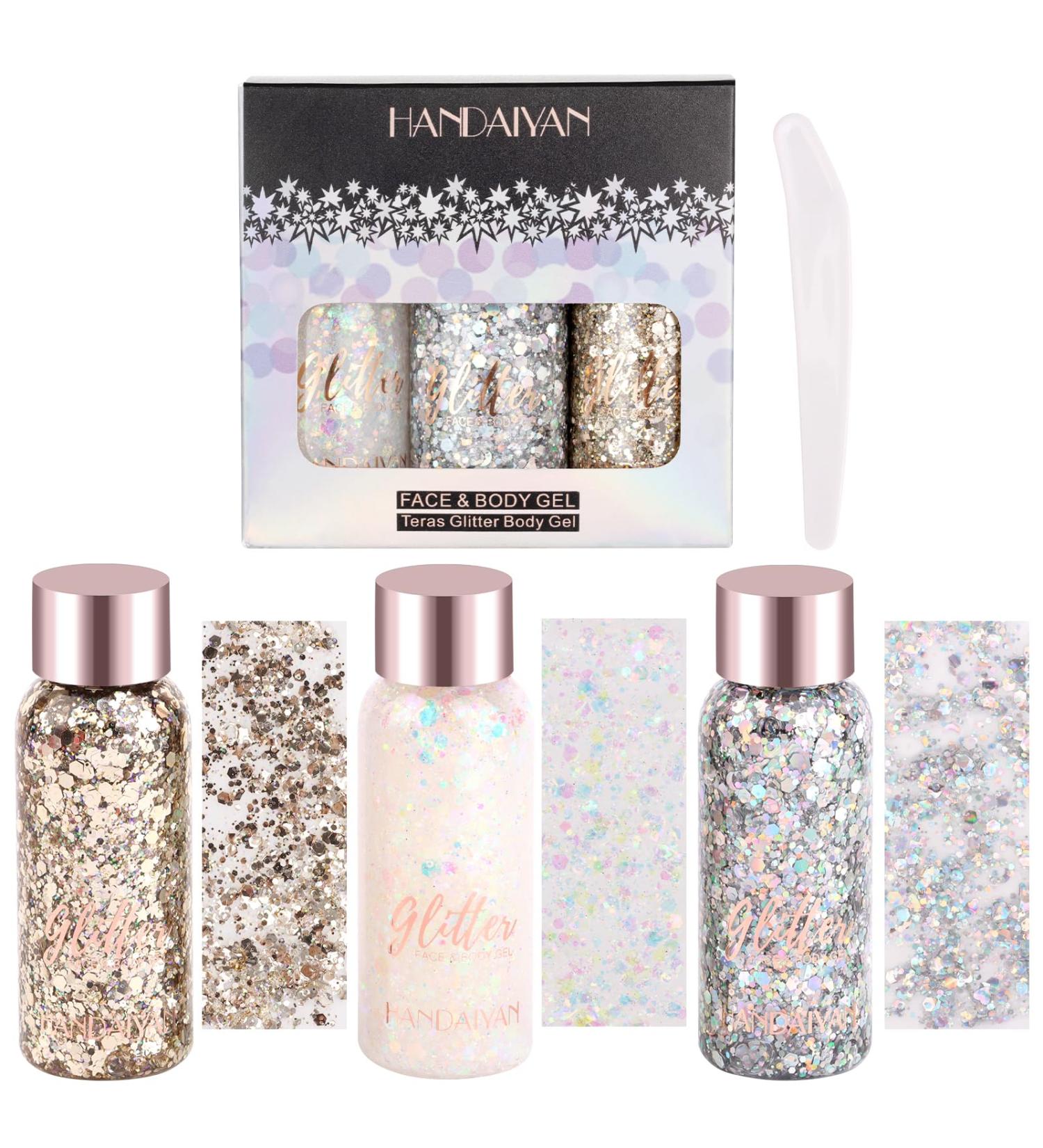 Risvowo Glitter Face Gel - 3-Piece Body Glitter Set for Festival Accessories | Silver Gold & White Makeup for Hair Lips & Nails - Buy Online on GoSupps.com