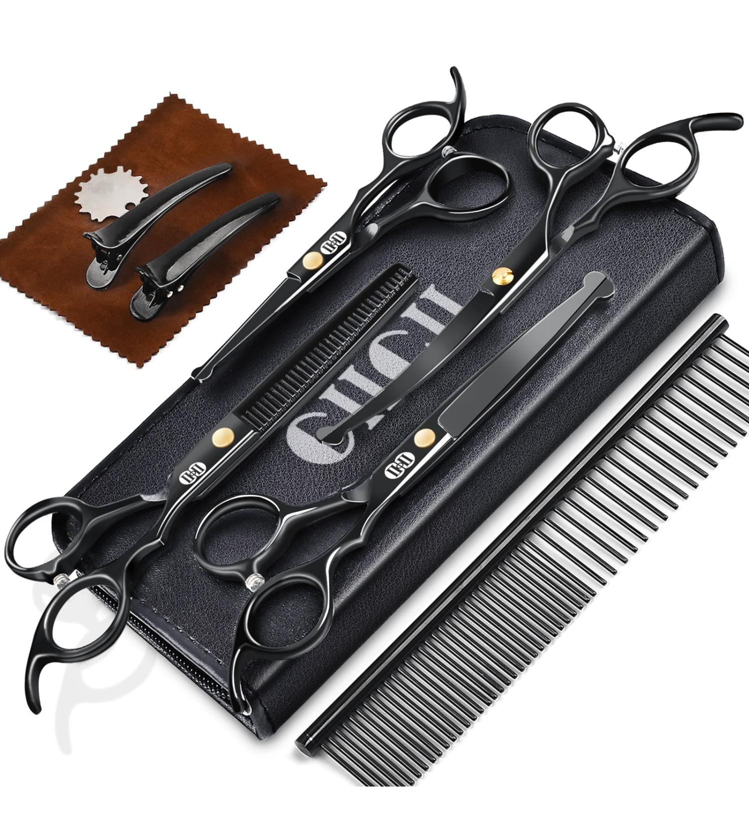 CIICII 10-in-1 Dog Grooming Scissors Kit - Professional Pet Grooming Set with Safety Round Tip for Dogs/Cats, DIY Home Salon - Black - Buy Online on GoSupps.com
