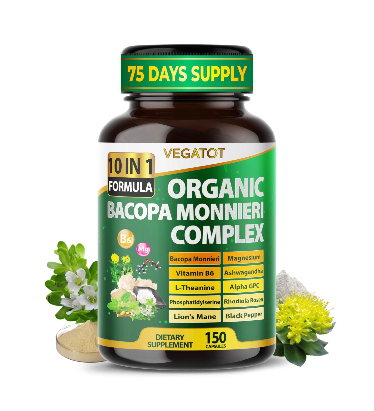 VEGATOT Premium Organic Bacopa Monnieri Complex 10-in-1 Formula with Magnesium, Vitamin B6, L-Theanine, Alpha-GPC & Ashwagandha Supports Memory, Focus & Clarity 150 Capsules 150 count (pack of 1) - Buy Online on GoSupps.com