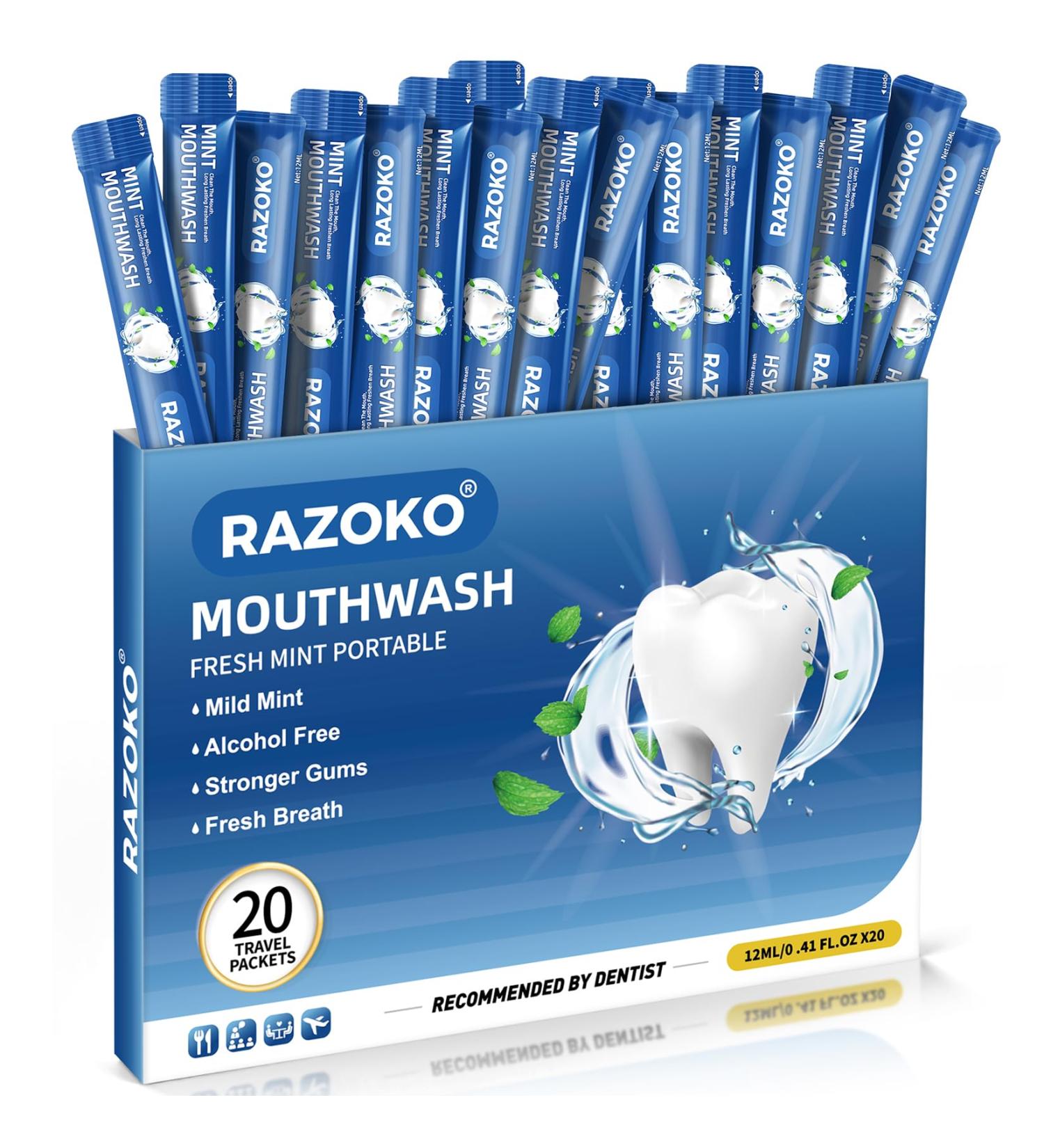 RAZOKO Mouthwash Travel Size-Portable Fresh Mint Packets,Alcohol & Fluoride Free Mouthwash,Disposable Oral Care Strips Mint 0.41 Fl Oz (Pack of 20) - Buy Online on GoSupps.com