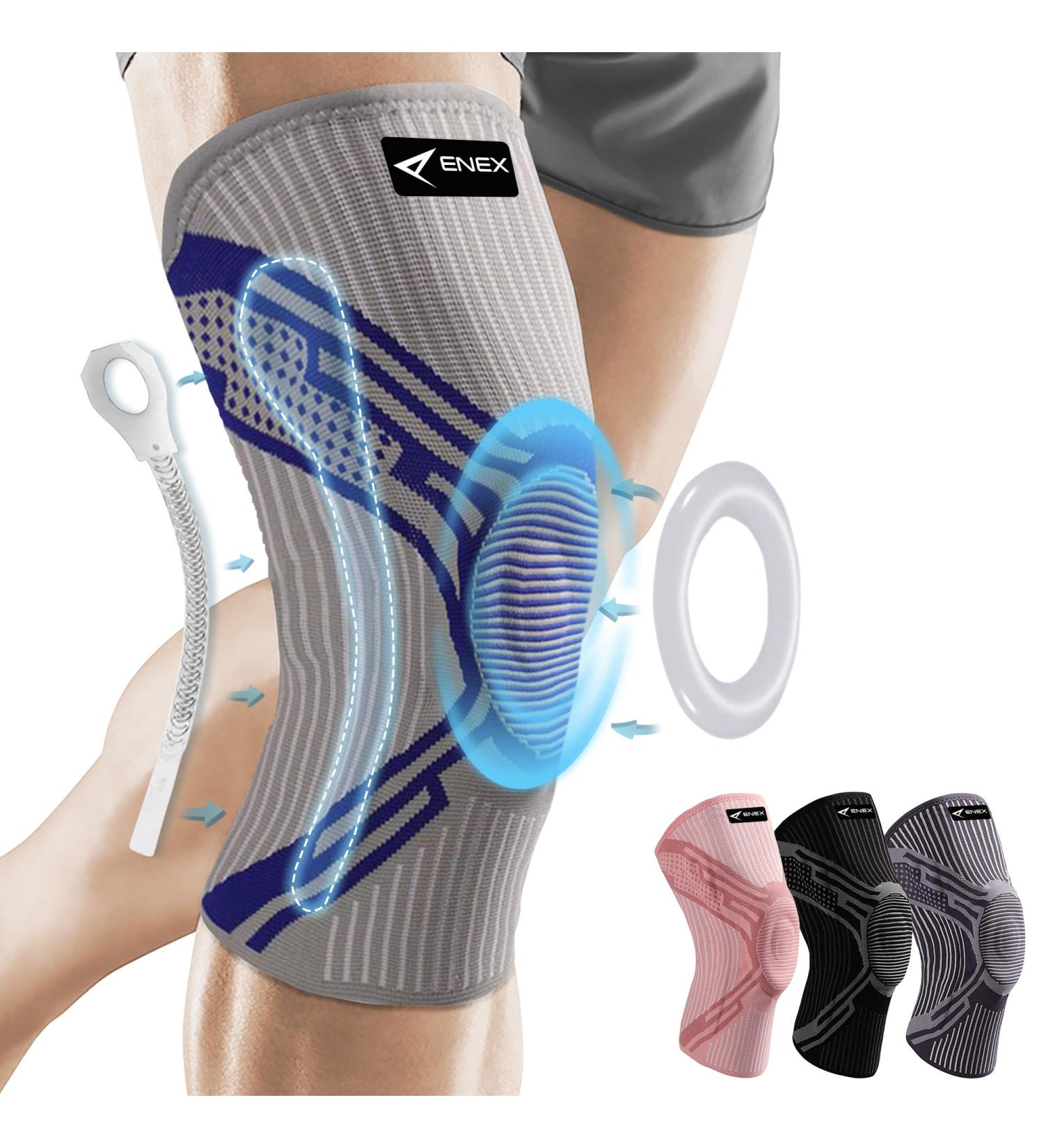 ENEX Knee Support Brace - Compression Sleeve with Stabilizers & Gel Pad for Meniscus Tears, Arthritis, Joint Pain Relief - ACL, Running, Squats - Navy/Grey - Size L - Buy Online on GoSupps.com