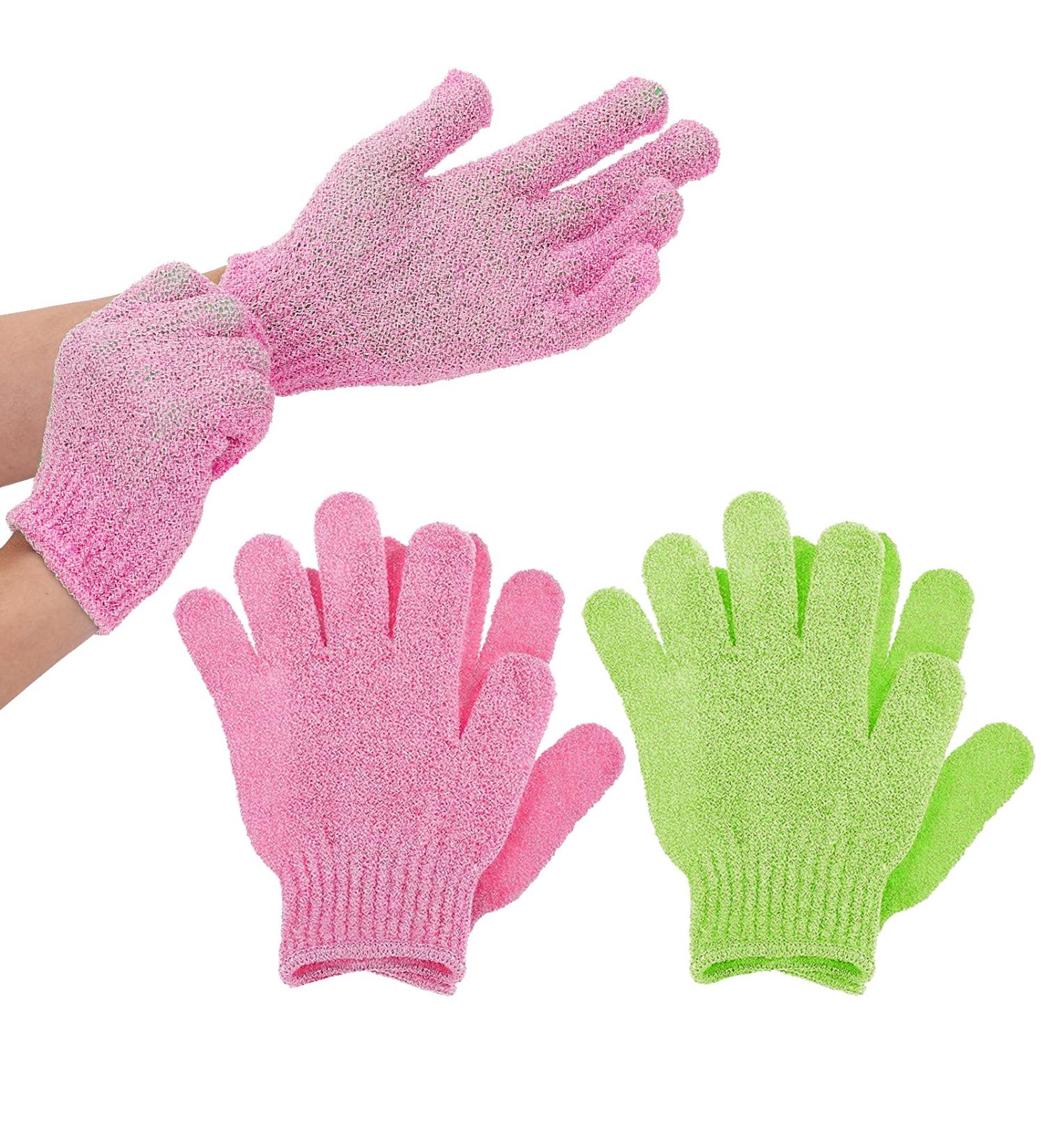 4PCS Exfoliating Gloves Body Scrubber - Dual Texture Bath Gloves for Shower Spa - Dead Skin Remover - Grass Green Pink - Buy Online on GoSupps.com