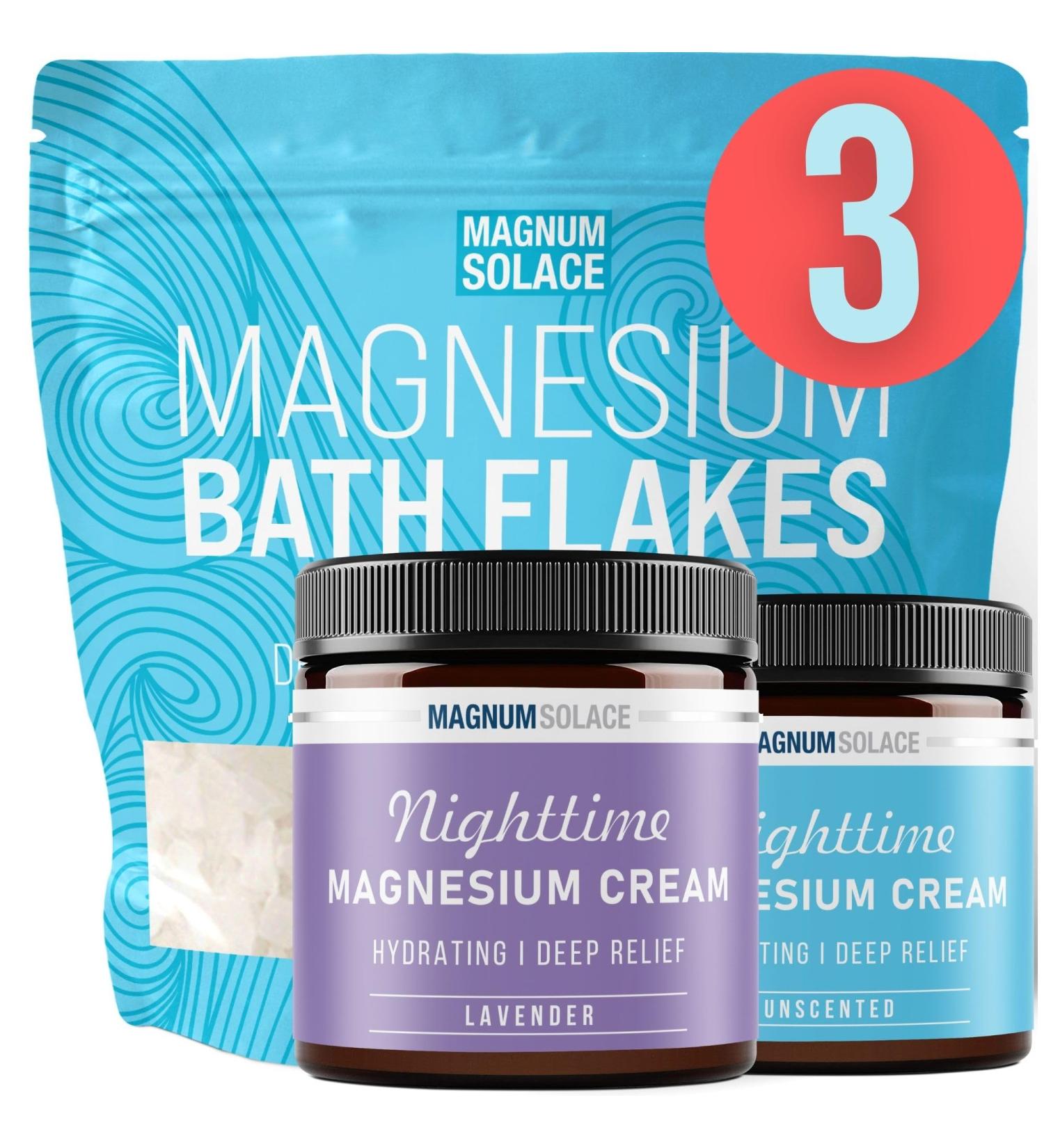 2 x Nighttime Magnesium Cream (Lavender Unscented) & Large 10 LBS Bath Flakes: 3 Item Bundle