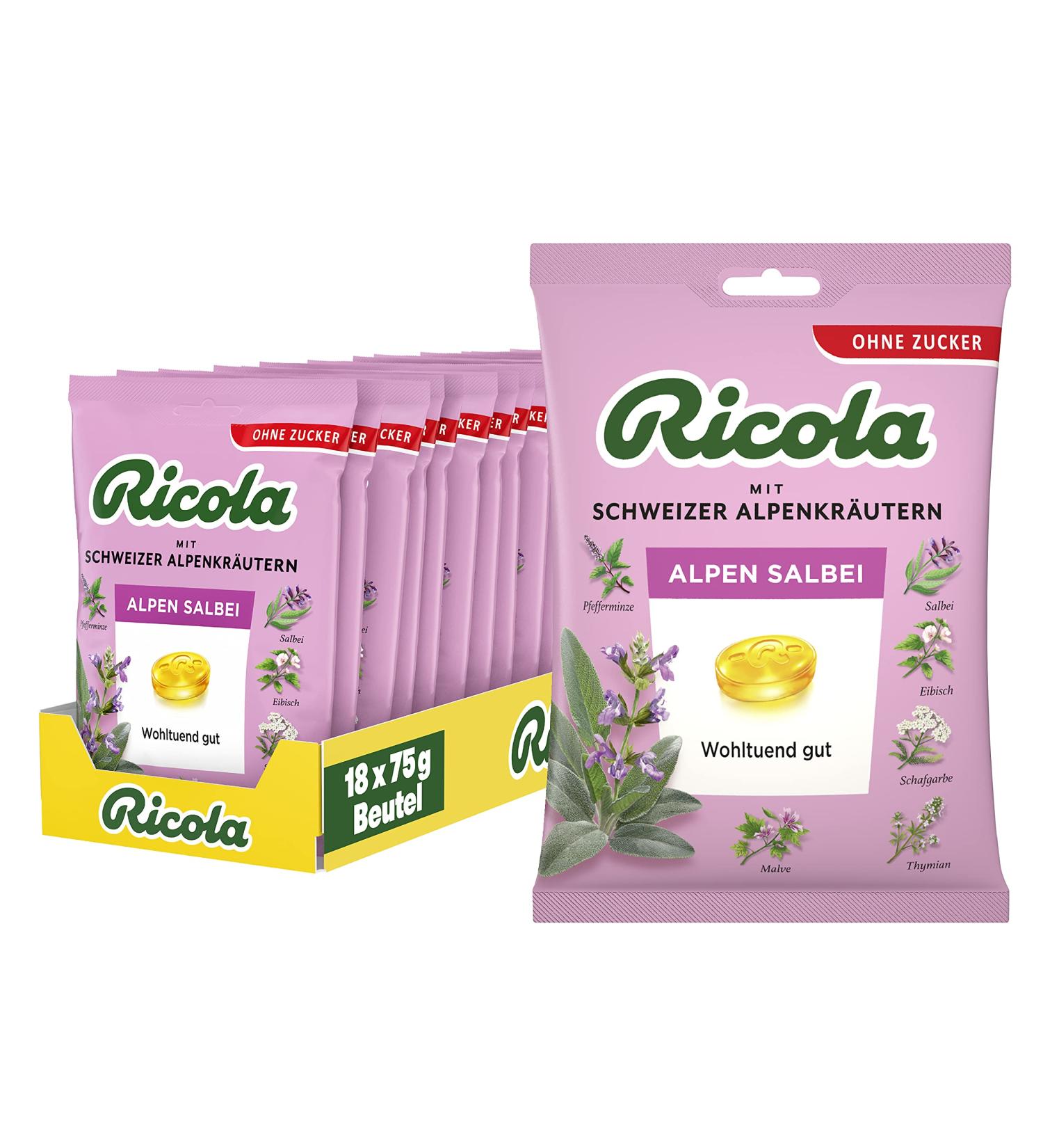 Ricola Alps Sage Herbal Candies - Sugar-Free Vegan 18 Bags of Swiss Alpine Herb Goodness | 75g Each - Buy Online on GoSupps.com