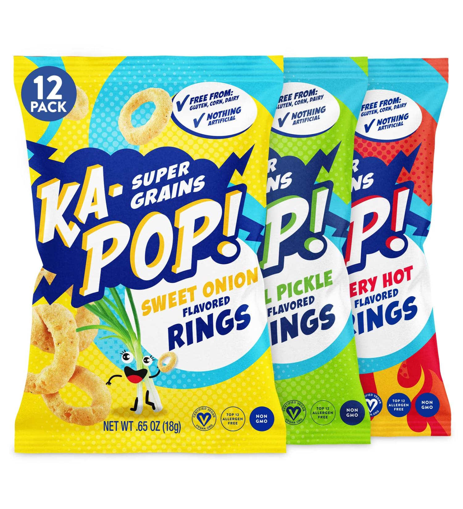 Ka-Pop! Popped Rings Variety Pack  12 Pack - 4 Sweet Onion  4 Dill Pickle  4 Fiery Hot (0.65oz) - Gluten  Corn & Dairy Free - Kosher  Sorghum  Whole Grain  Vegan Snacks - As Seen on Shark Tank Variety Pack 0.65 Ounce (Packâ¦ - Buy Online on GoSupps.com