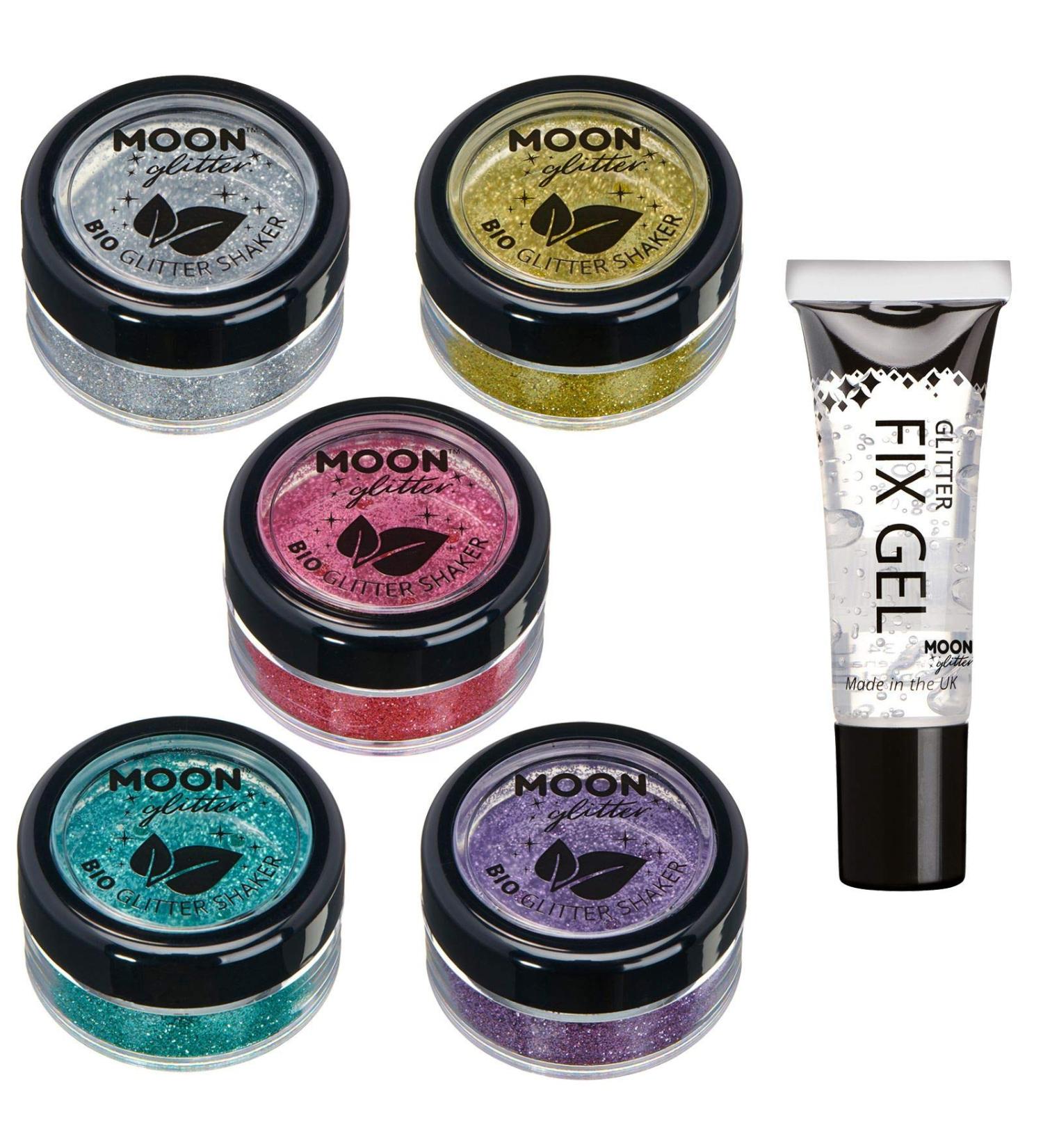 Biodegradable Eco Glitter Shakers by Moon Glitter - 100% Cosmetic Bio Glitter for Face  Body  Nails  Hair and Lips - 5g - Set of 5 - plus Glitter Fix Gel