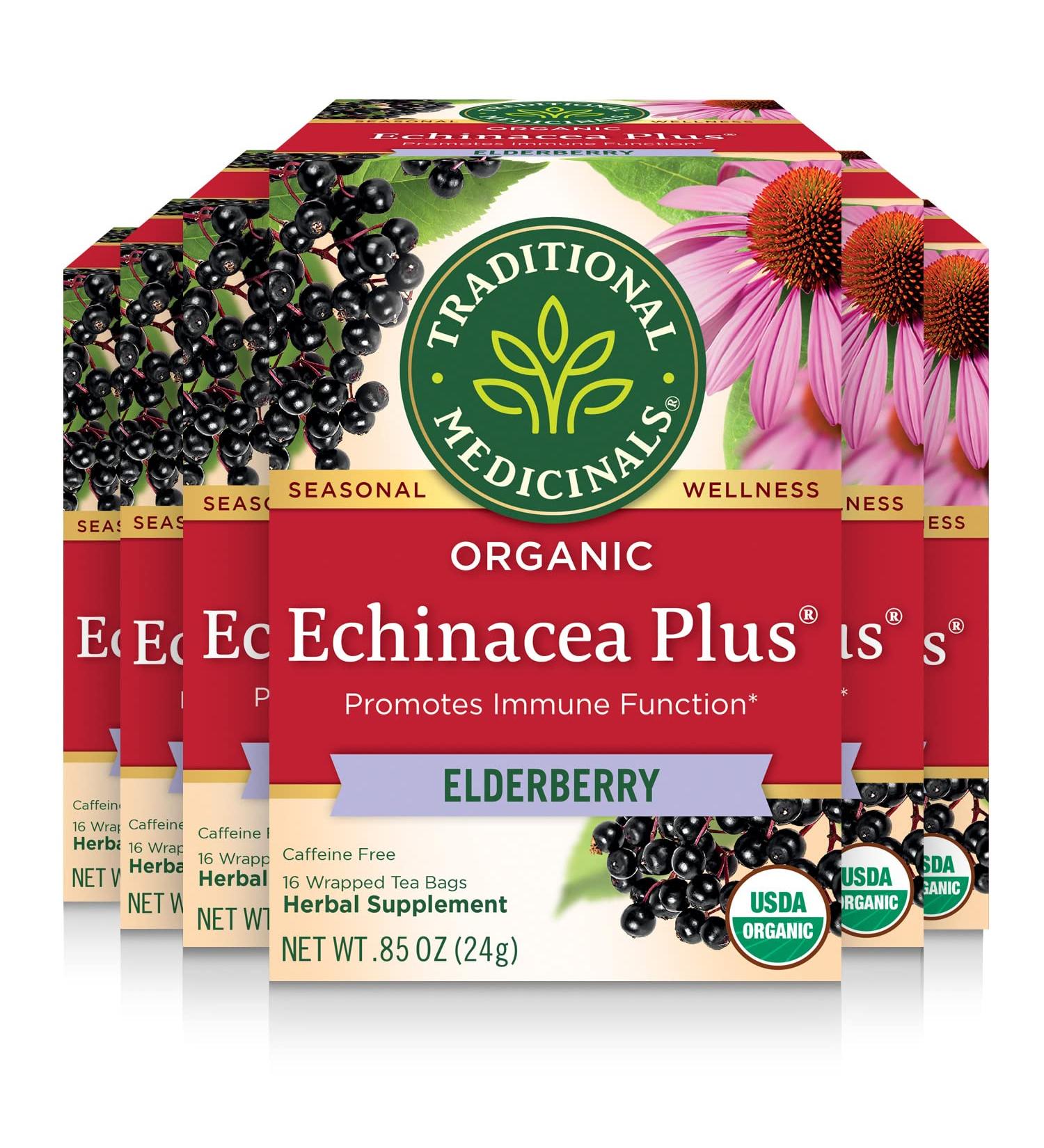 Traditional Medicinals Organic Echinacea Plus Elderberry Tea - 16 Tea Bags (Pack of 6) - Buy Online on GoSupps.com