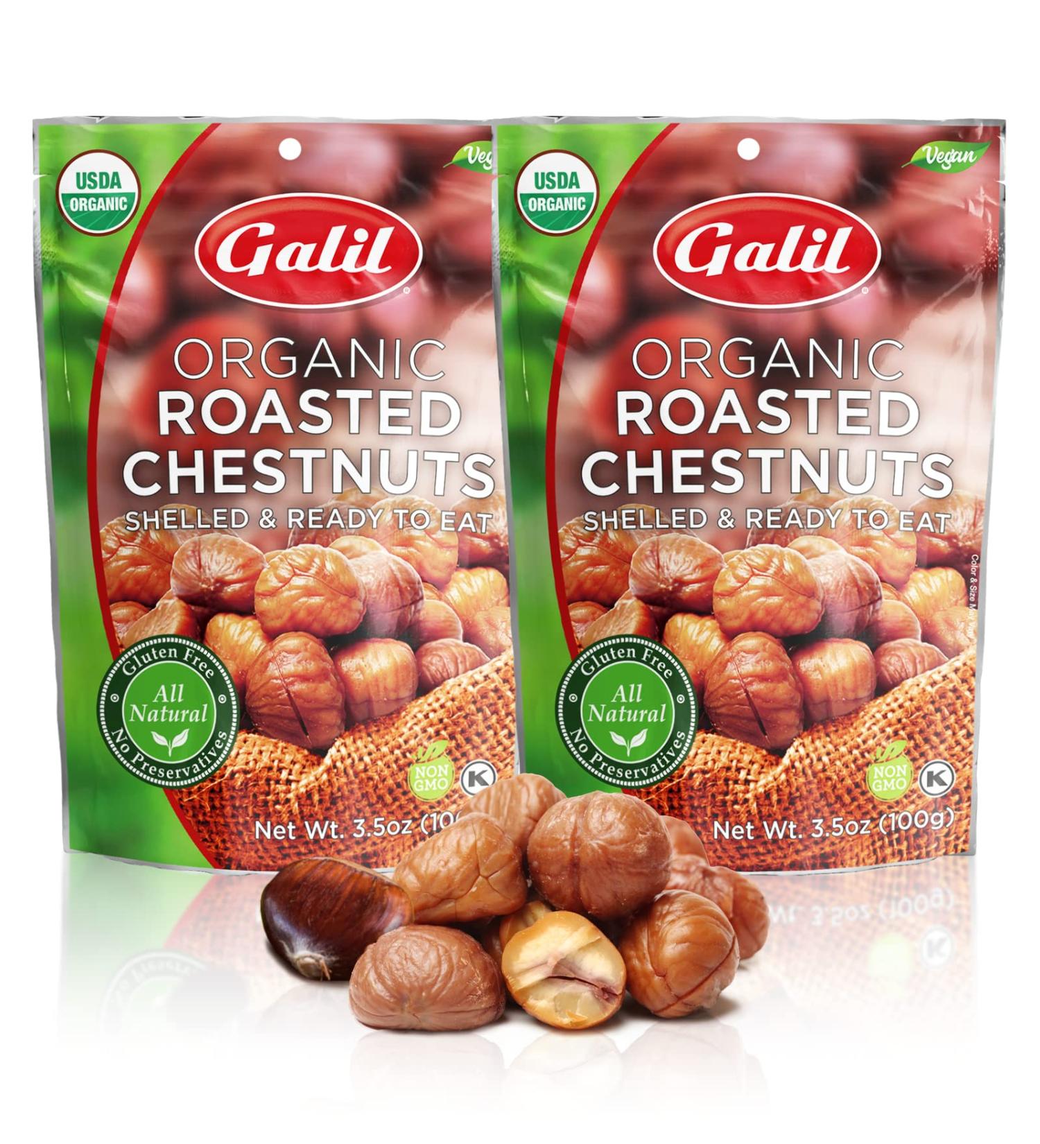 Galil Organic Roasted Chestnuts Pack of 2 - Shelled & Ready to Eat - Gluten Free Vegan Non-GMO Snacks - Ideal for Baking & Cooking - 3.5oz Bags - Buy Online on GoSupps.com