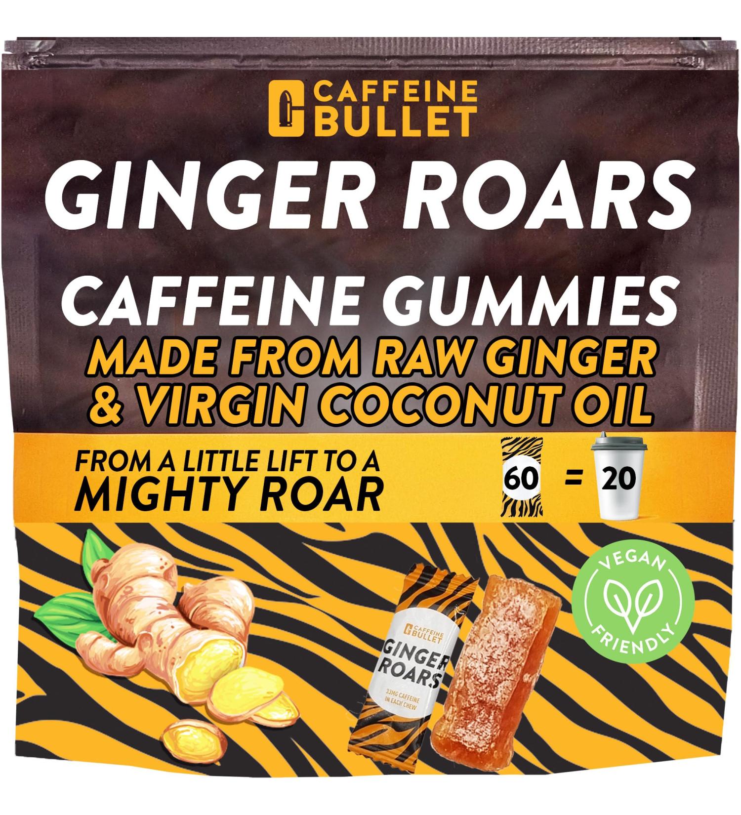 Ginger Roars - 60 Energy Gummies - Vegan Caffeine Chews Each 33mg Made with a Tasty Natural Fiery Kick for Improved Running Cycling Preworkout & Focus. 1 Bag - 60 Energy Chews - Buy Online on GoSupps.com