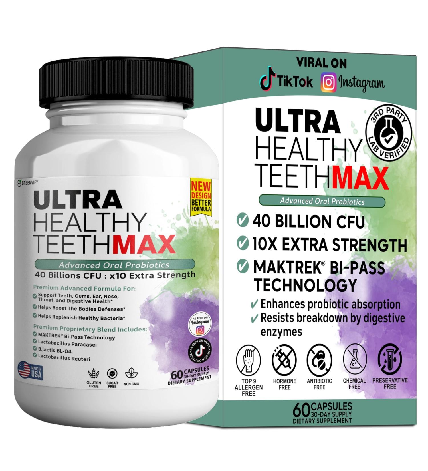 Ultra Healthy Teeth Max Probiotic Supplement 40 Billion CFU 60 Capsules Advanced Oral Health (1) - Buy Online on GoSupps.com