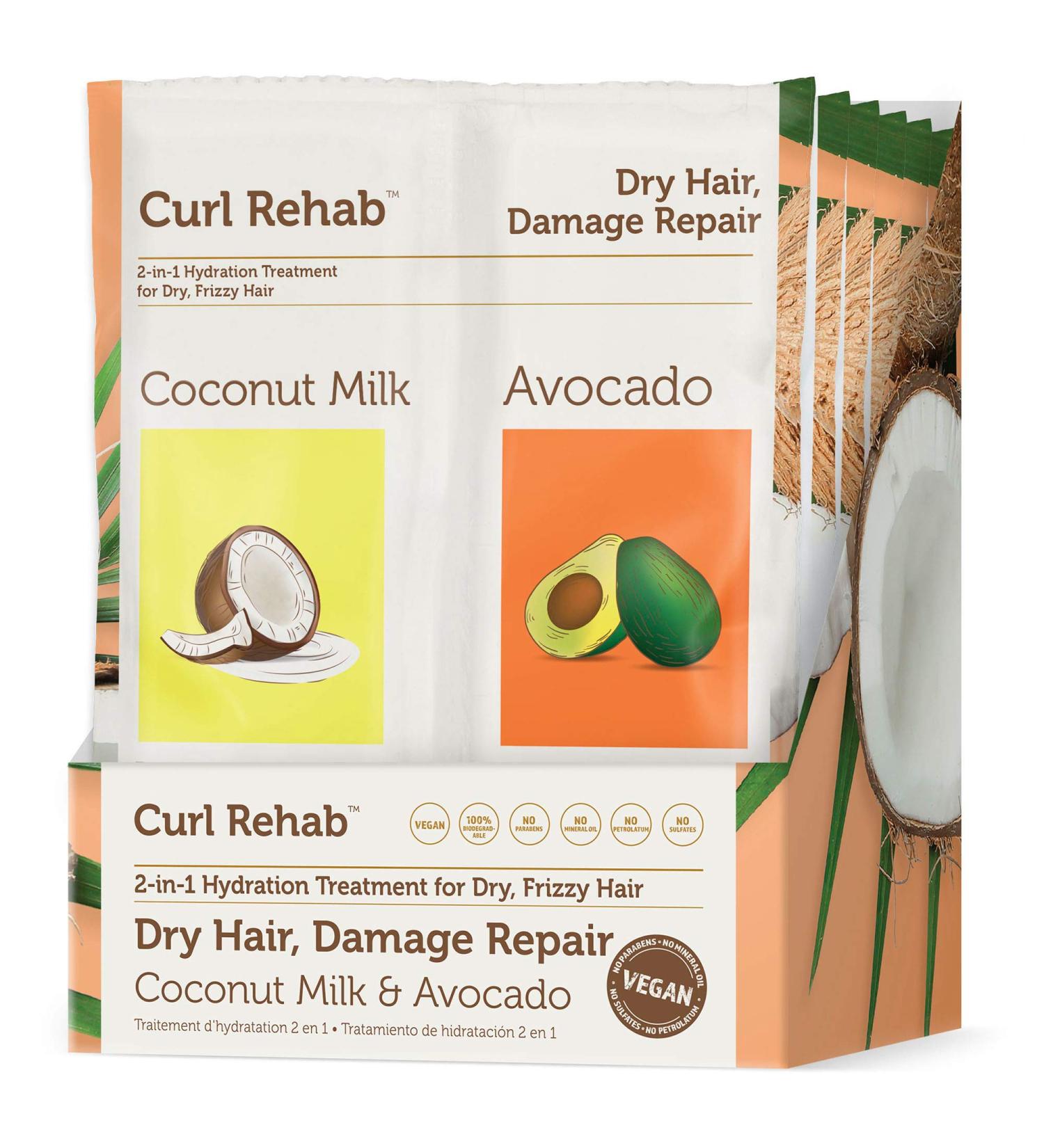 Curl Rehab Dry Hair Repair Dual Treatment 6-Pack - Coconut Milk Repairing Oil & Avocado Hydrating Mask - 4.8 Oz Packette - Damage Repair Solution - Buy Online on GoSupps.com