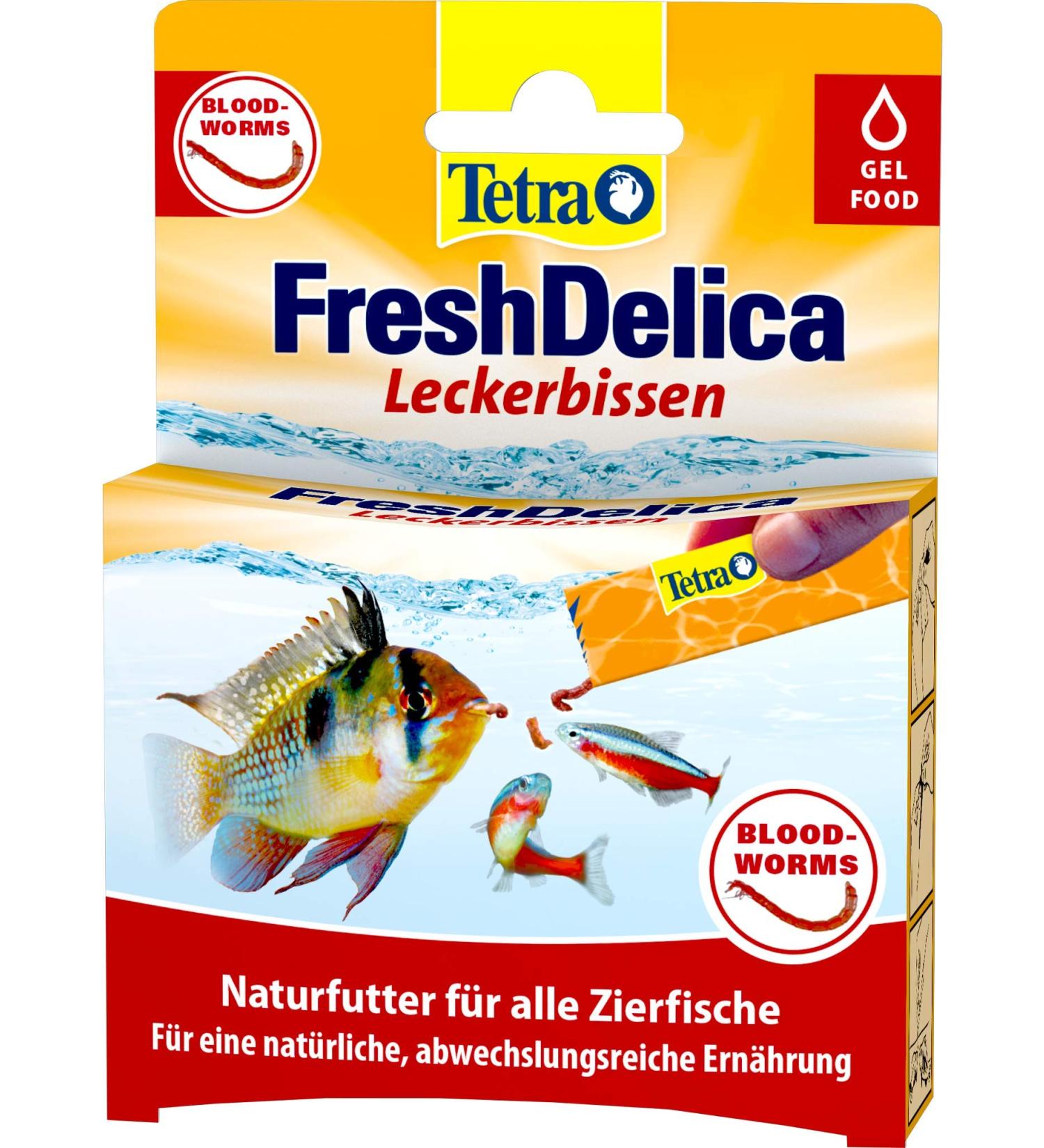 Tetra Freshdelica Bloodworms - Natural Snack for Decorative Fish | 16 x 3g Pack of Red Mosquito Larvae in Jelly - Buy Online on GoSupps.com