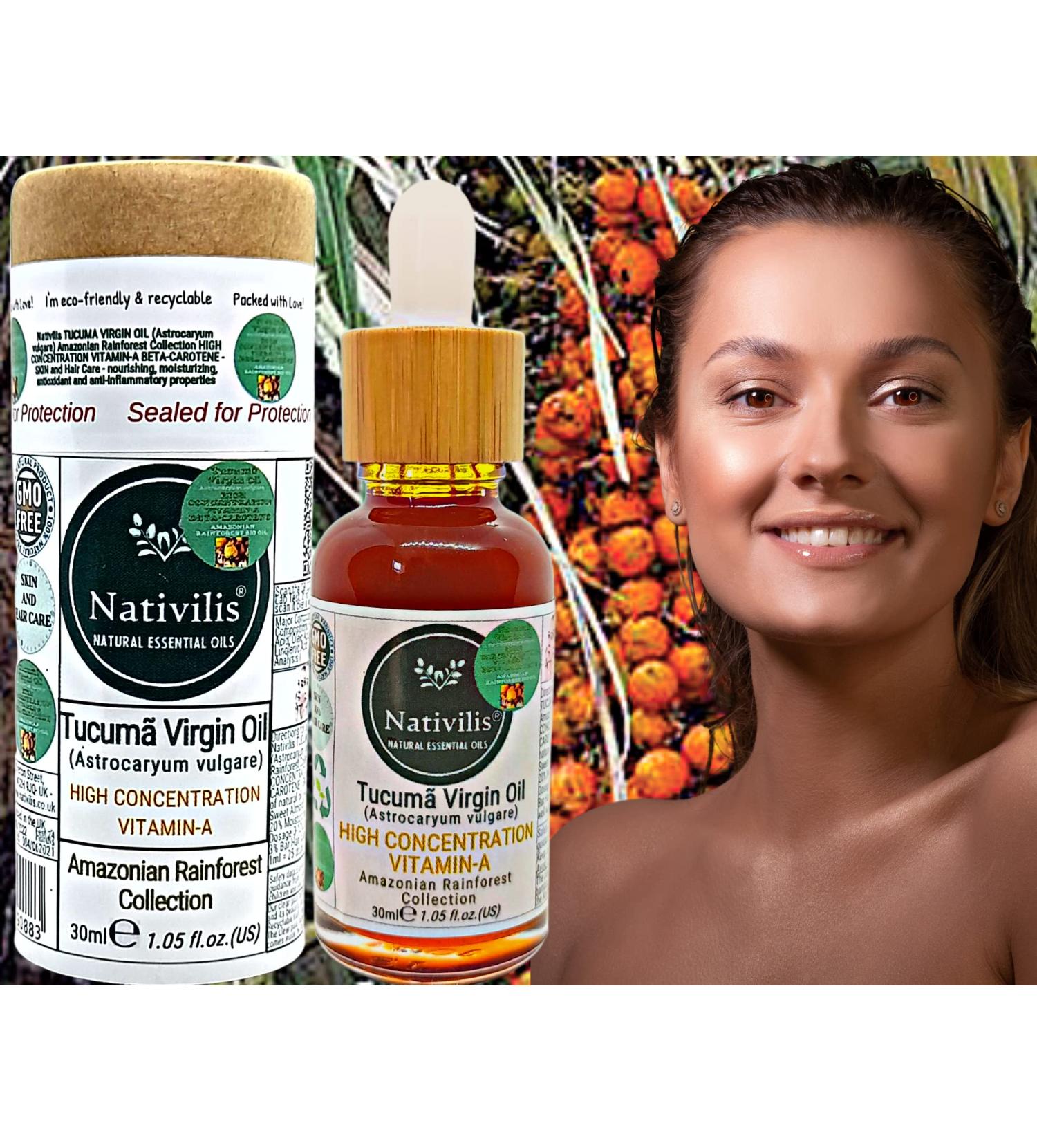 Nativilis TUCUMA VIRGIN OIL (Astrocaryum vulgare) Amazonian Rainforest HIGH CONCENTRATION VITAMIN-A BETA-CAROTENE - SKIN Hair Care - nourishing moisturizing antioxidant anti-inflammatory - Copaiba - Buy Online on GoSupps.com