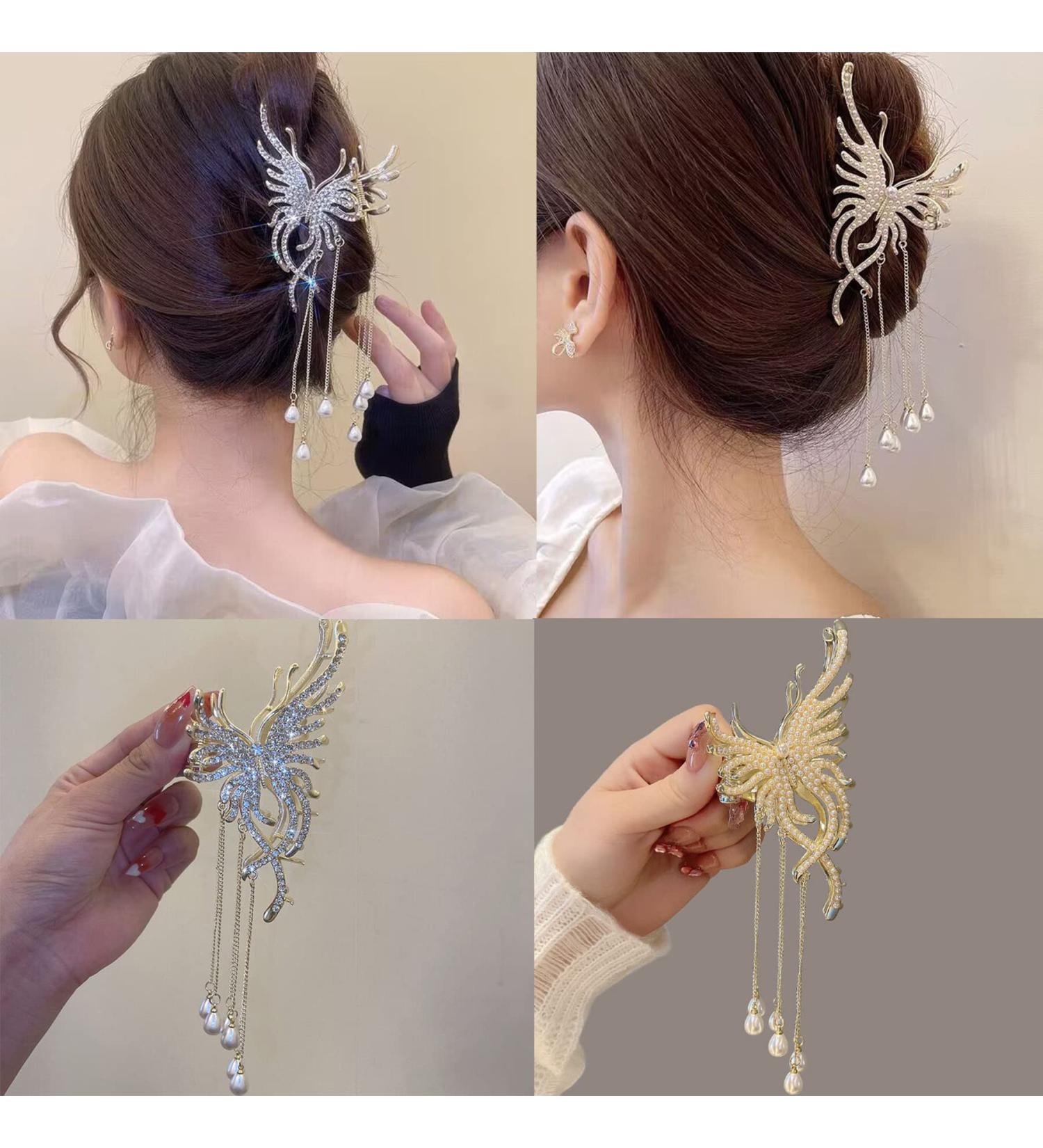 Large Butterfly Hair Claw Clip Set with Pearl Flower & Tassel - Non-Slip Hair Clamps for Styling (2pcs) - Buy Online on GoSupps.com