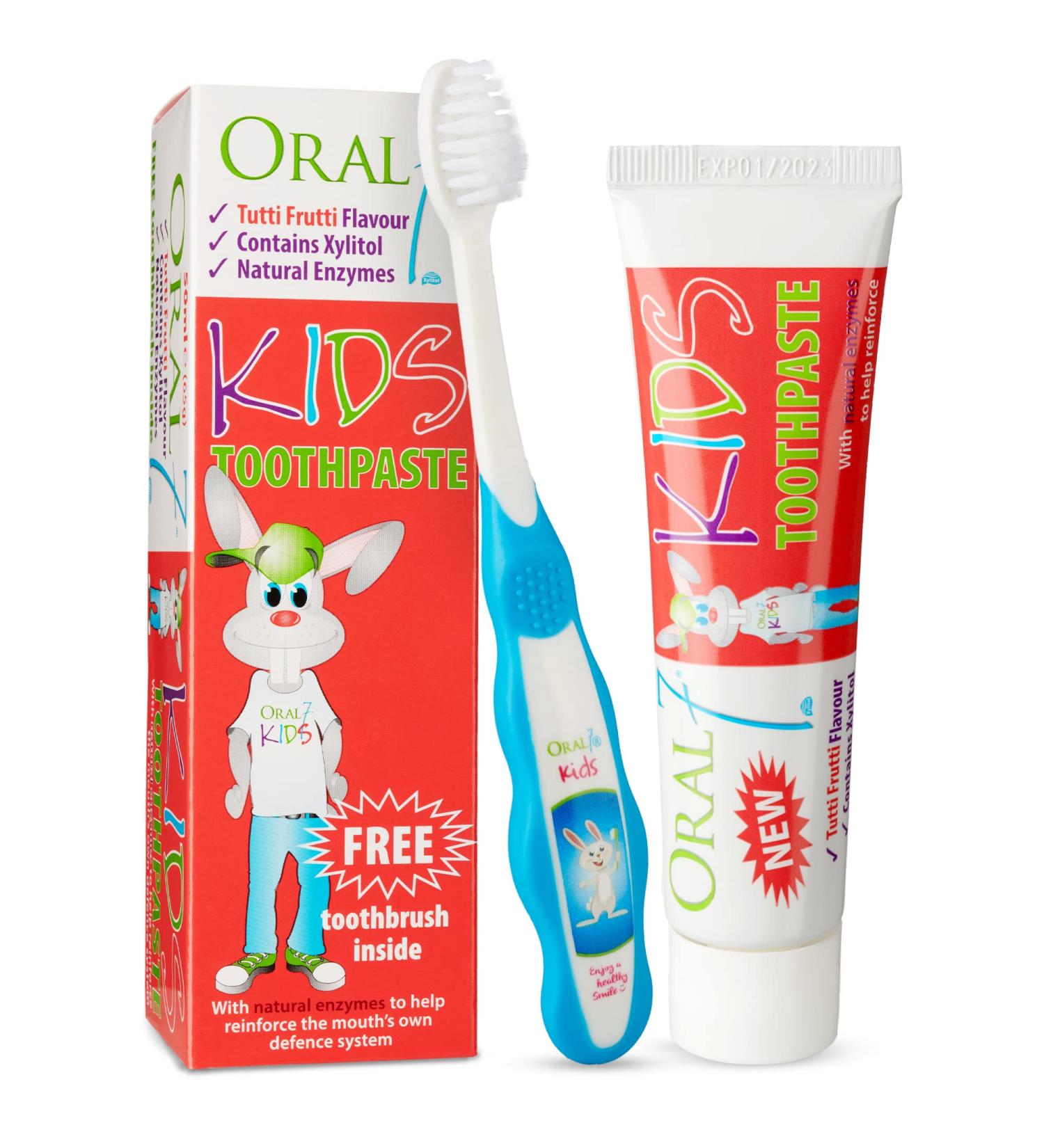 Oral7 Kids Toothpaste - Enzymes from Breast Milk for Less Decay | Free Toothbrush | Tasty Tutti Frutti Flavor | Age 2+ - Buy Online on GoSupps.com