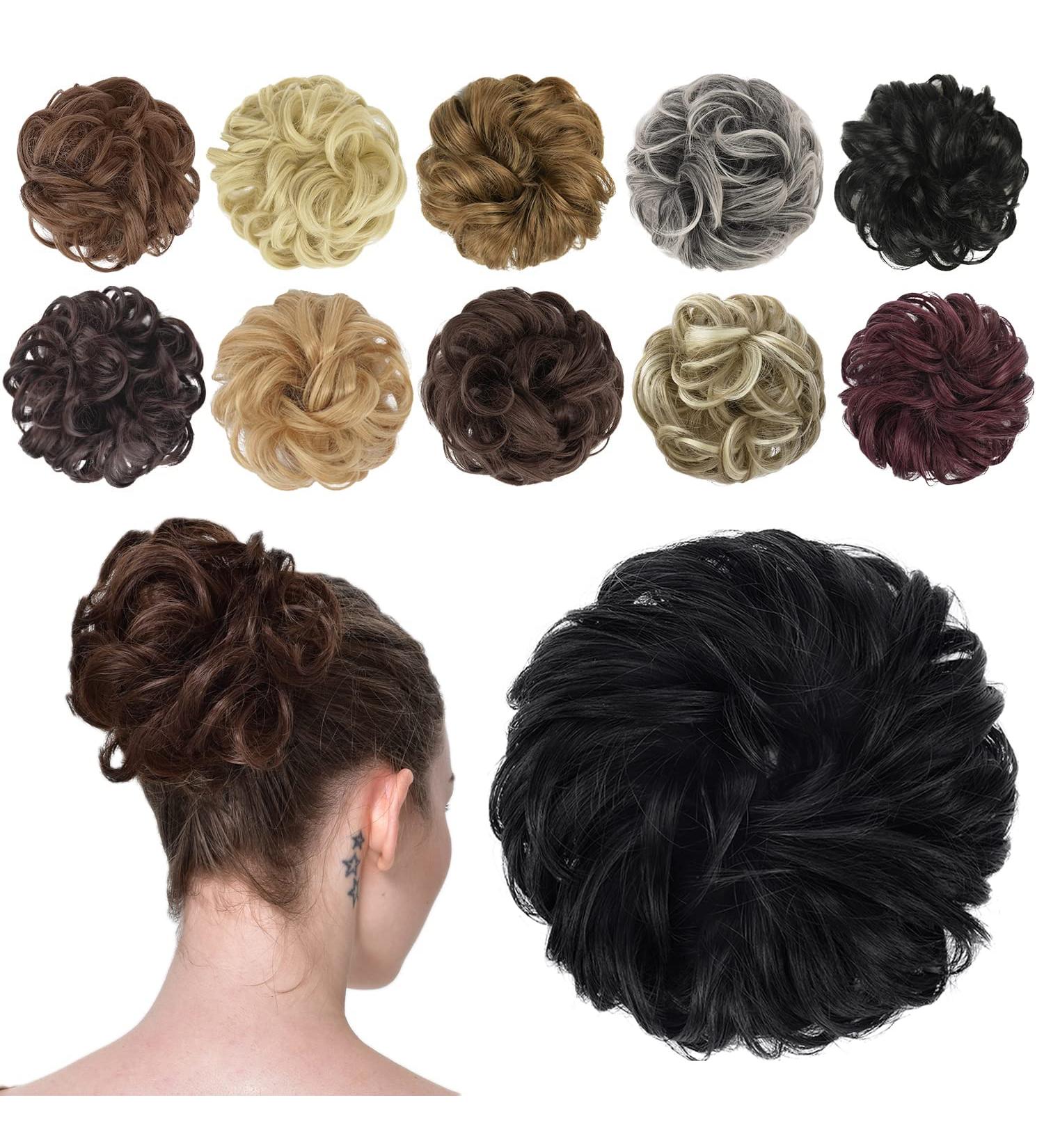 FESHFEN Messy Bun Hair Piece Scrunchie - Synthetic Wavy Curly Chignon Ponytail Extension in Jet Black - 38g - for Women, Girls, Kids - Buy Online on GoSupps.com