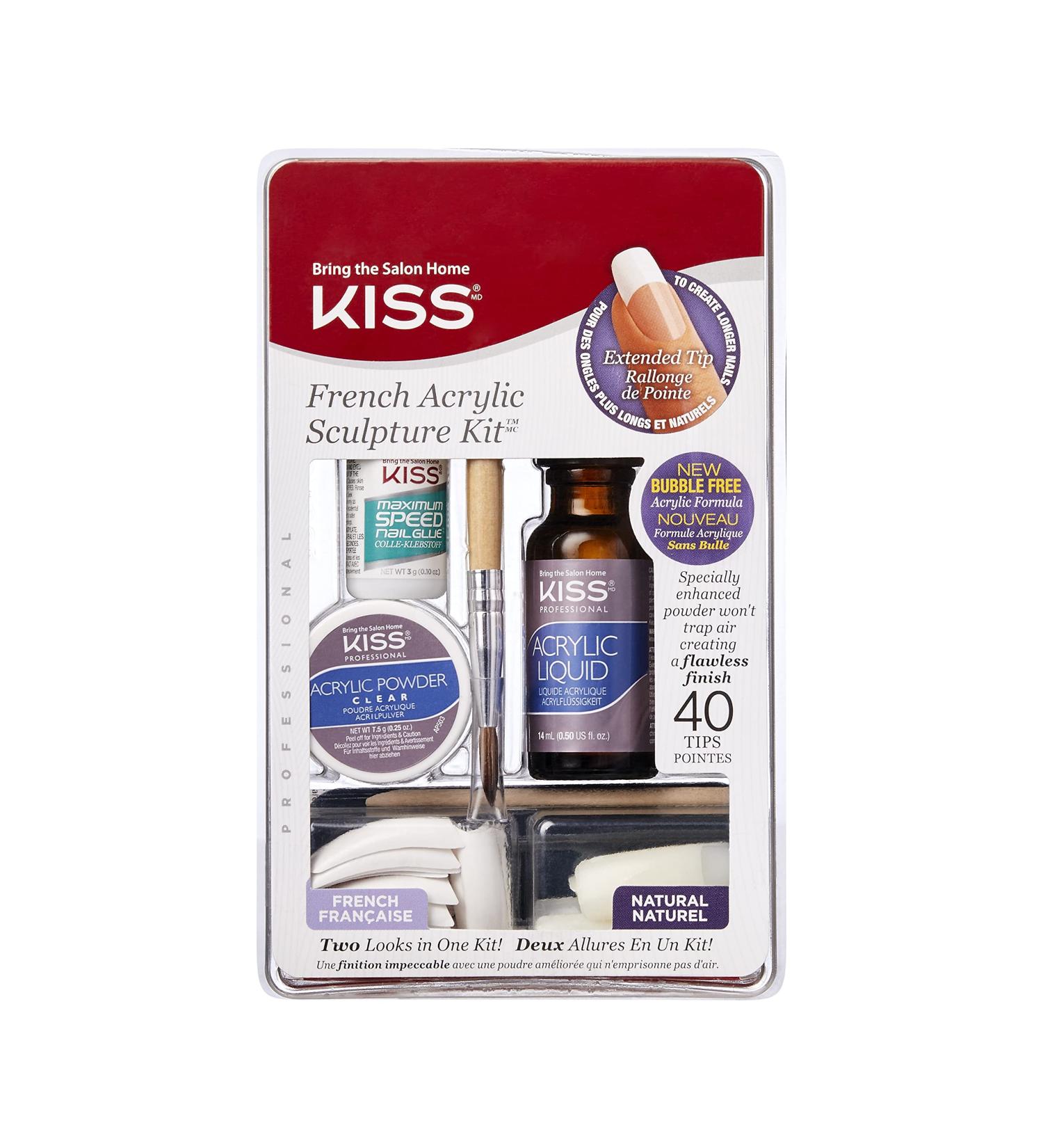 KISS French Acrylic False Nails Sculpture Kit - Natural & French Manicure | Bubble-Free Nail Tips with Acrylic Liquid, Powder & Glue - Includes Application Brush and 40 Fake Nails - Buy Online on GoSupps.com