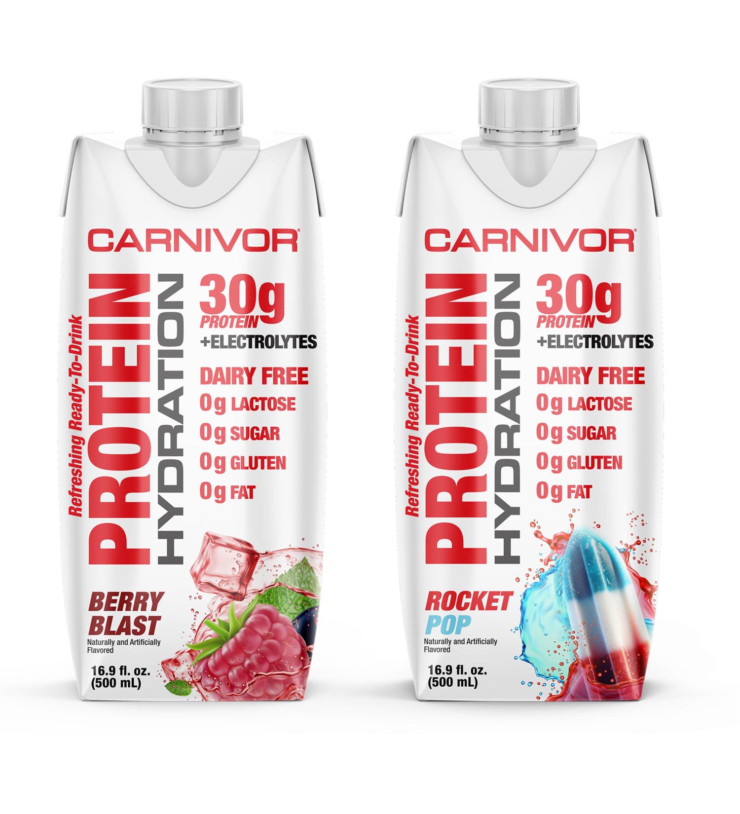 MuscleMeds Carnivor Protein Hydration RTD Refreshing Ready to Drink 30g Isolate Protein Lactose Free Sugar Free Electrolytes Halal Certified Rocket Pop Berry Blast16.9 Fl Oz Liquid (Pack of 2) Combo 16.9 Fl Oz (Pac  - Buy Online on GoSupps.com