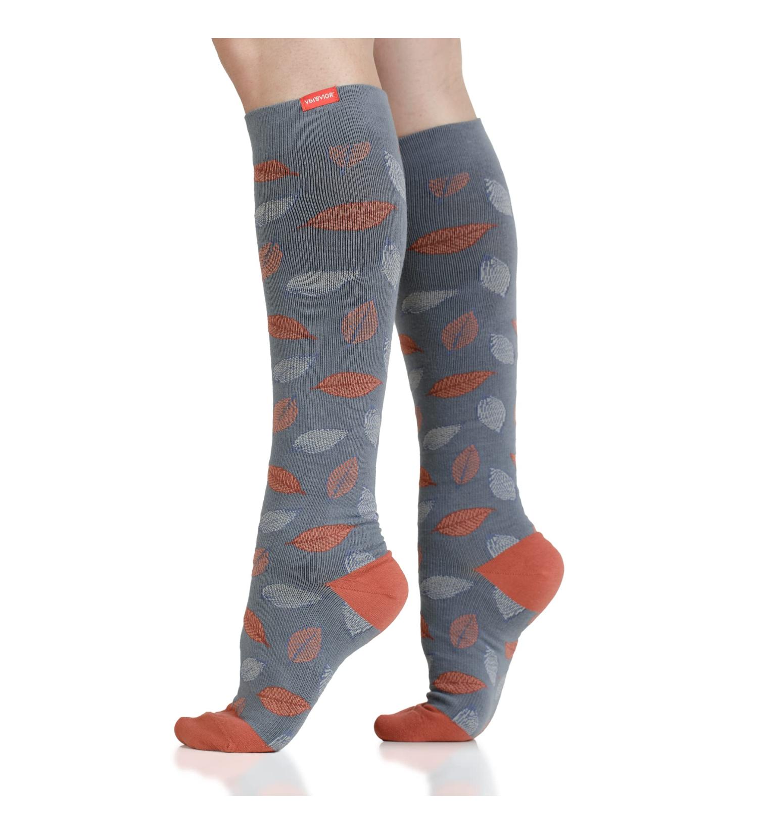 VIM & VIG Cotton Compression Stockings 15-20 mmHg for Men & Women - Stylish Orange & Gray Falling Leaves Design - Buy Online on GoSupps.com