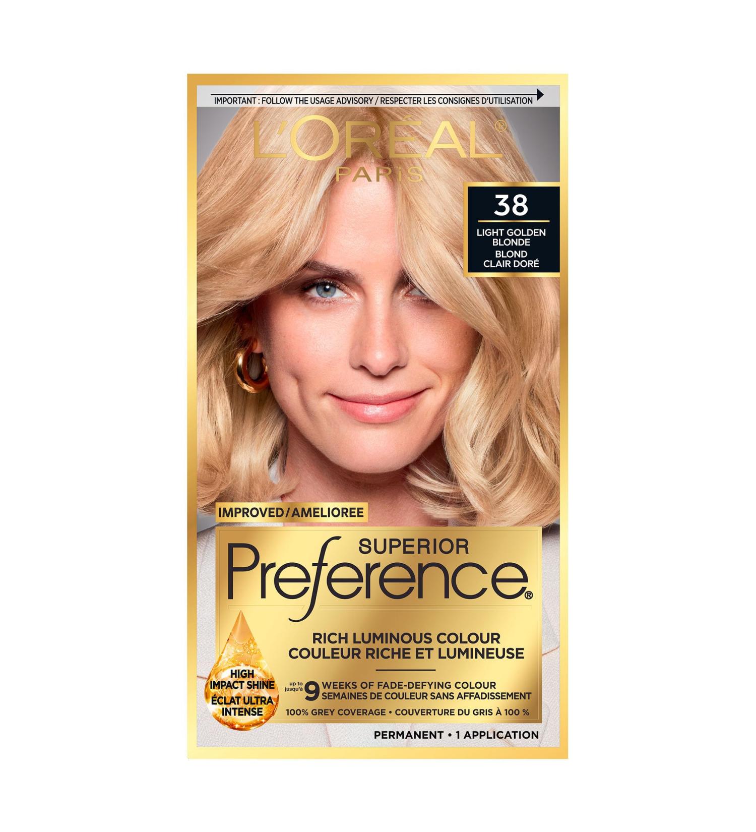 L Or al Paris Superior Preference 9 weeks of Luminous Fade-Defying Permanent Hair Dye 38 Light Golden Blonde 100% Grey Coverage 1 Hair Dye Kit (Packaging May Vary) Light Golden Blonde 1 Count ( Pack Of 1 ) - Buy Online on GoSupps.com