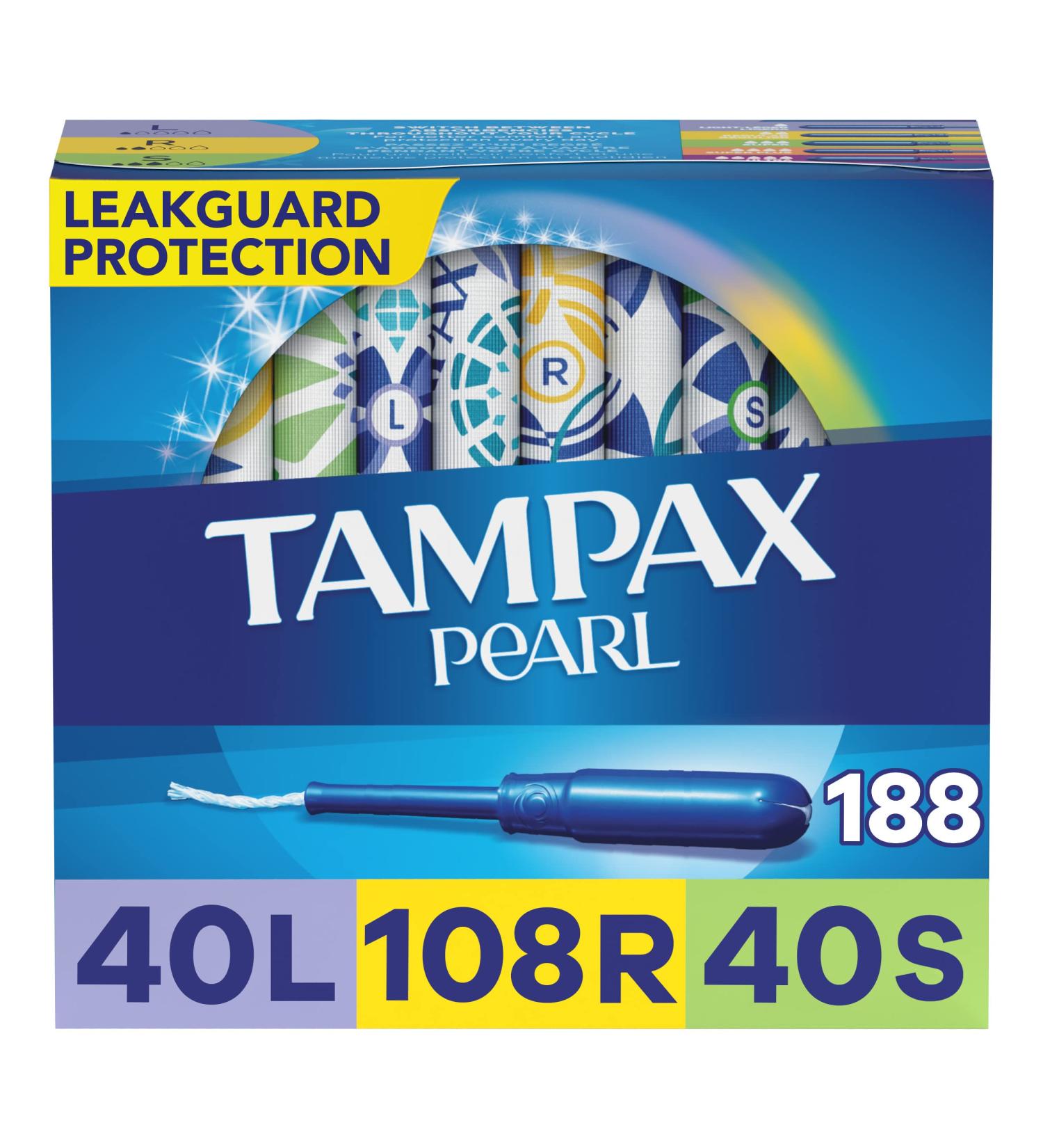 Tampax Pearl Plastic Tampons 188 Count Multipack - Light/Regular/Super Absorbency, Unscented - 47 Count Pack of 4 - Packaging May Vary - Buy Online on GoSupps.com