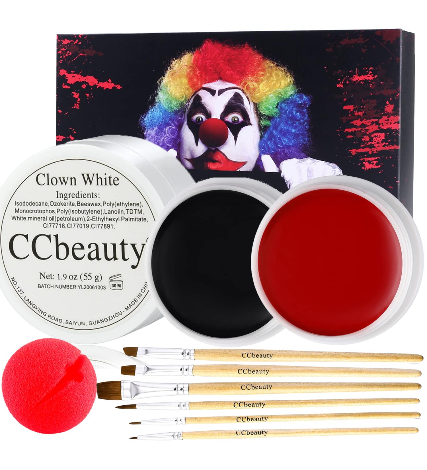 CCbeauty Clown Makeup Kit - Professional Face Paint & Brushes for Halloween SFX Cosplay | Clown White + Black + Red - Buy Online on GoSupps.com
