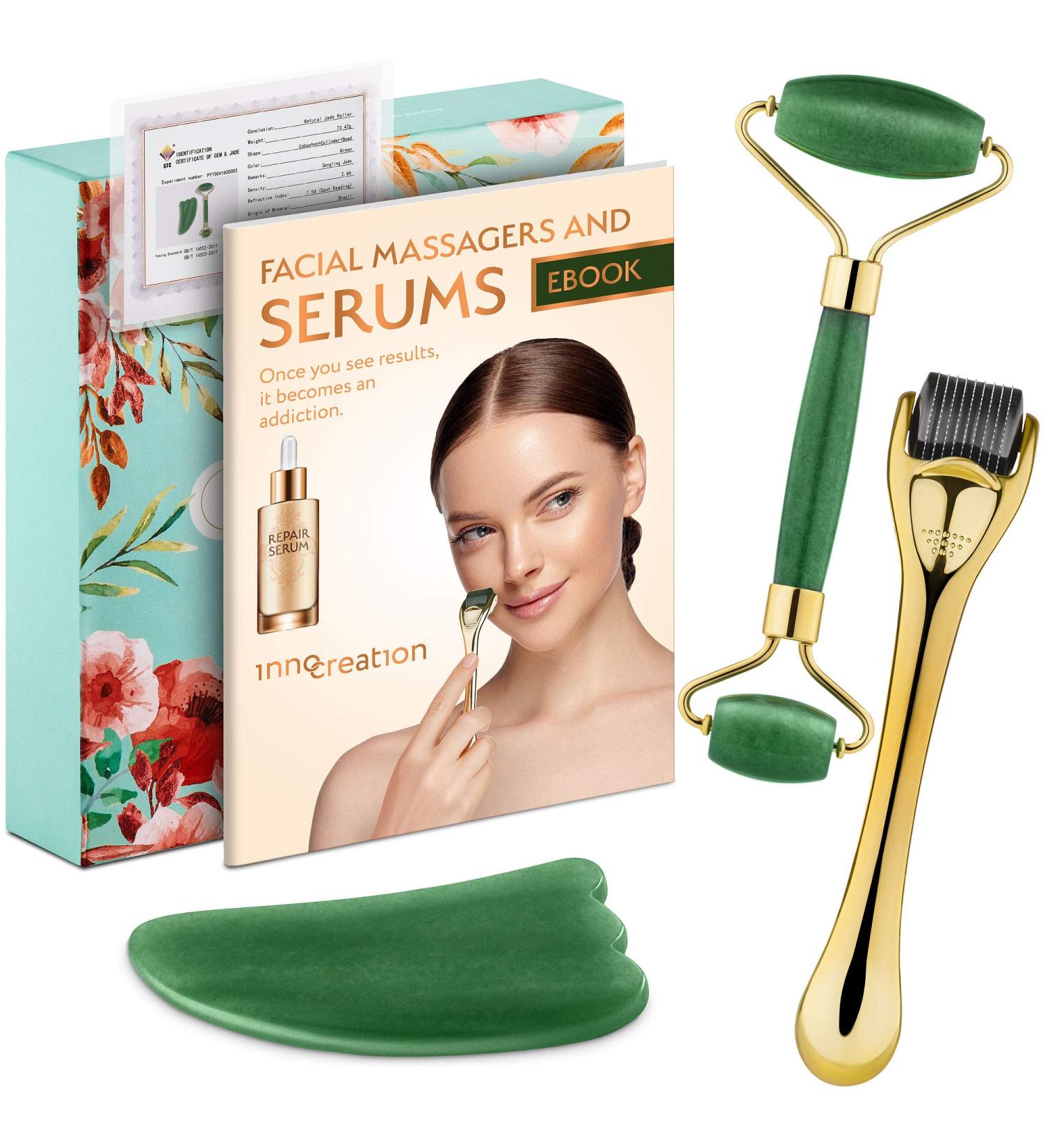 3-in-1 Derma Roller Jade Roller & Gua Sha Set - Safe Microneedling at Home with Titanium & REAL Jade Tools - Buy Online on GoSupps.com