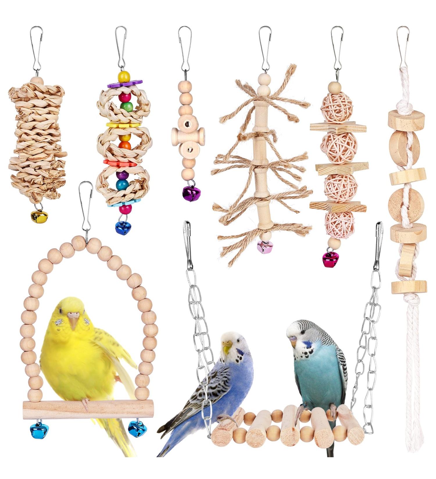Vegan 8-Piece Bird Toys Set - Wooden Ladder & Cage Accessories for Budgies Parrots and Finches - Colorful Bird Playthings for Happy Pets - Buy Online on GoSupps.com
