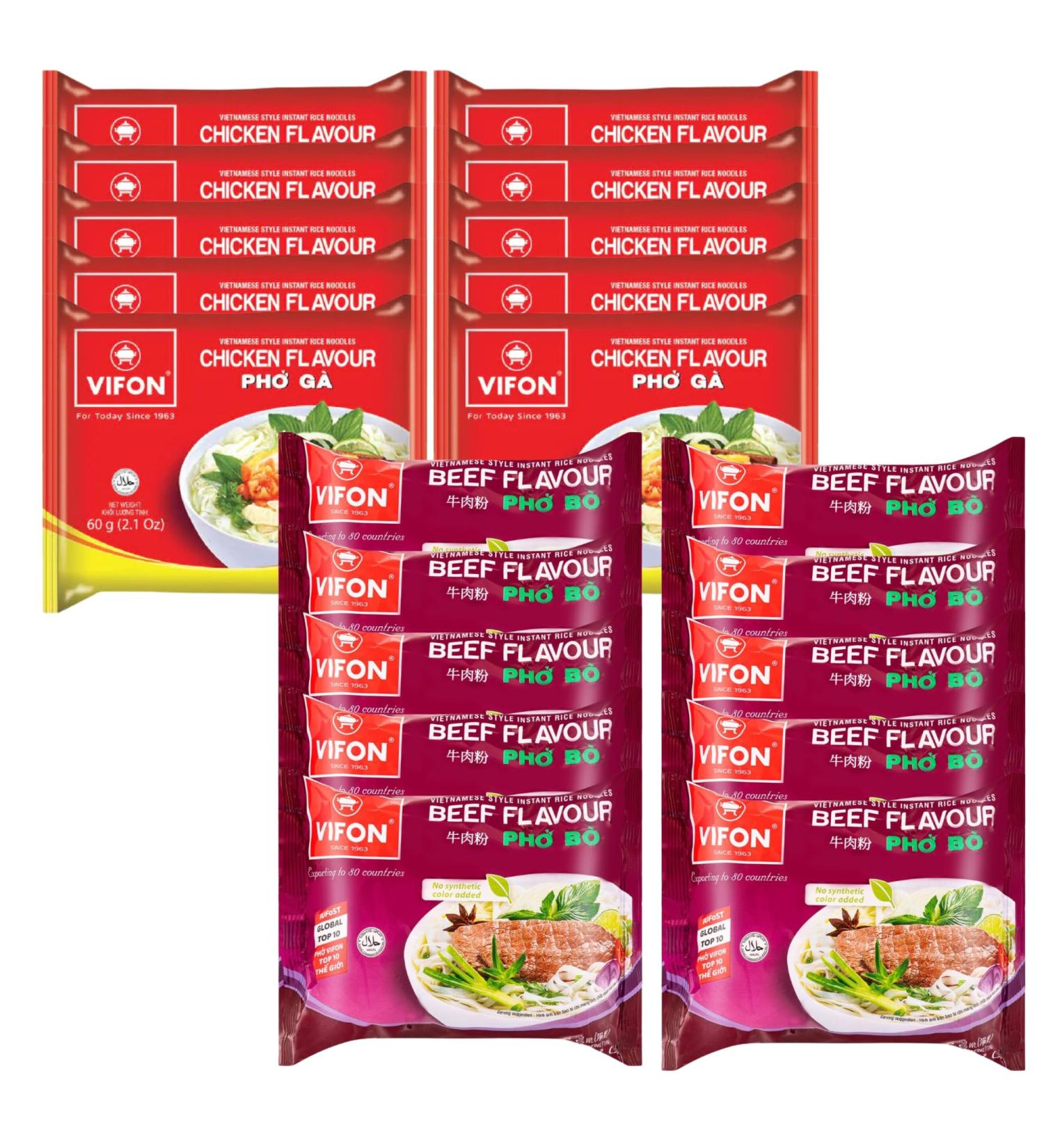 Vifon Vietnamese Style Instant Rice Noodles Beef & Chicken Flavour (Pho Bo & Pho Ga) 60g (Pack of 20) - Buy Online on GoSupps.com