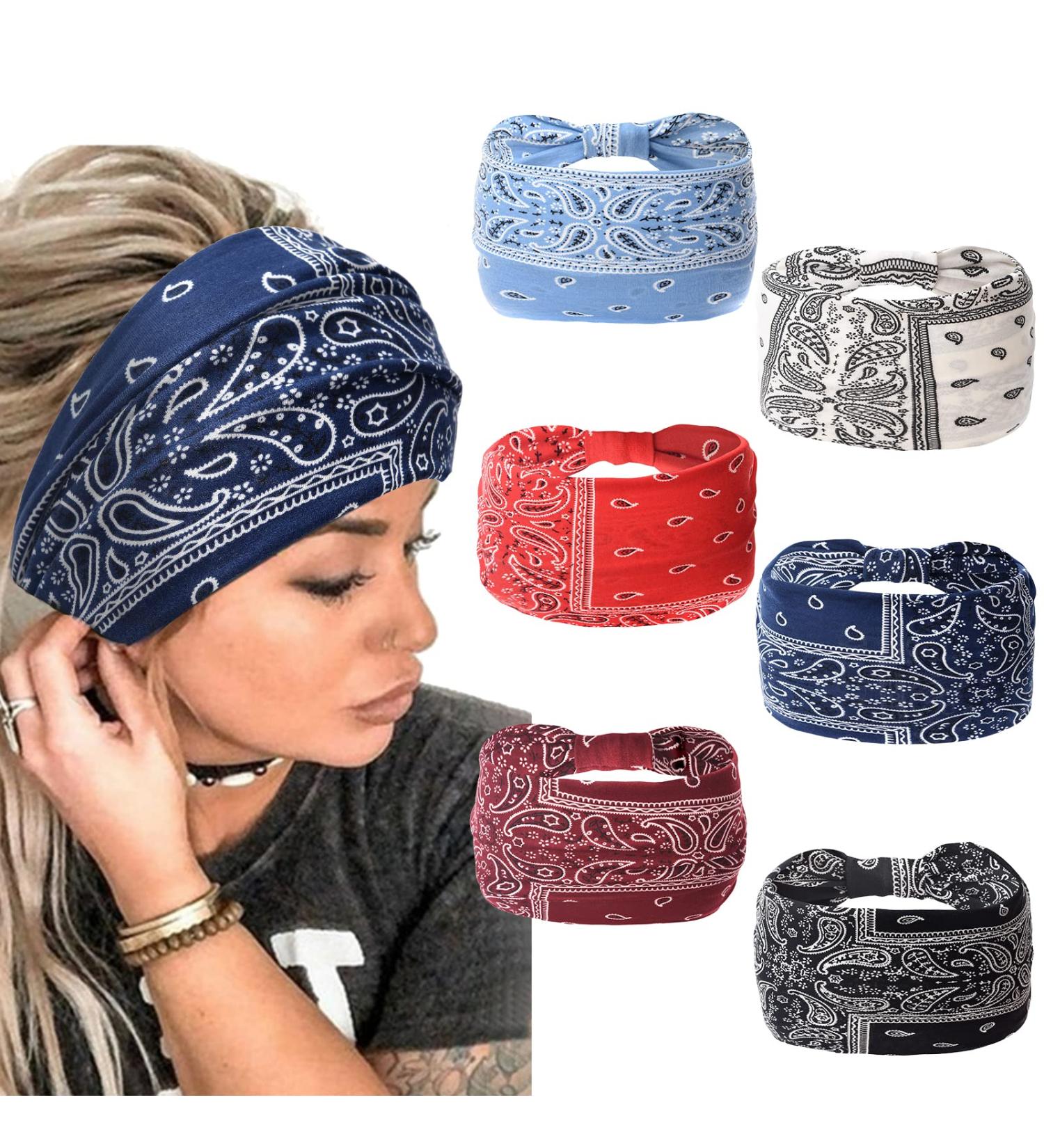 Wide Bandana Headbands for Women - Large Turban Head Wraps Floral Elastic Yoga Hair Bands - 6 pcs Set - Buy Online on GoSupps.com