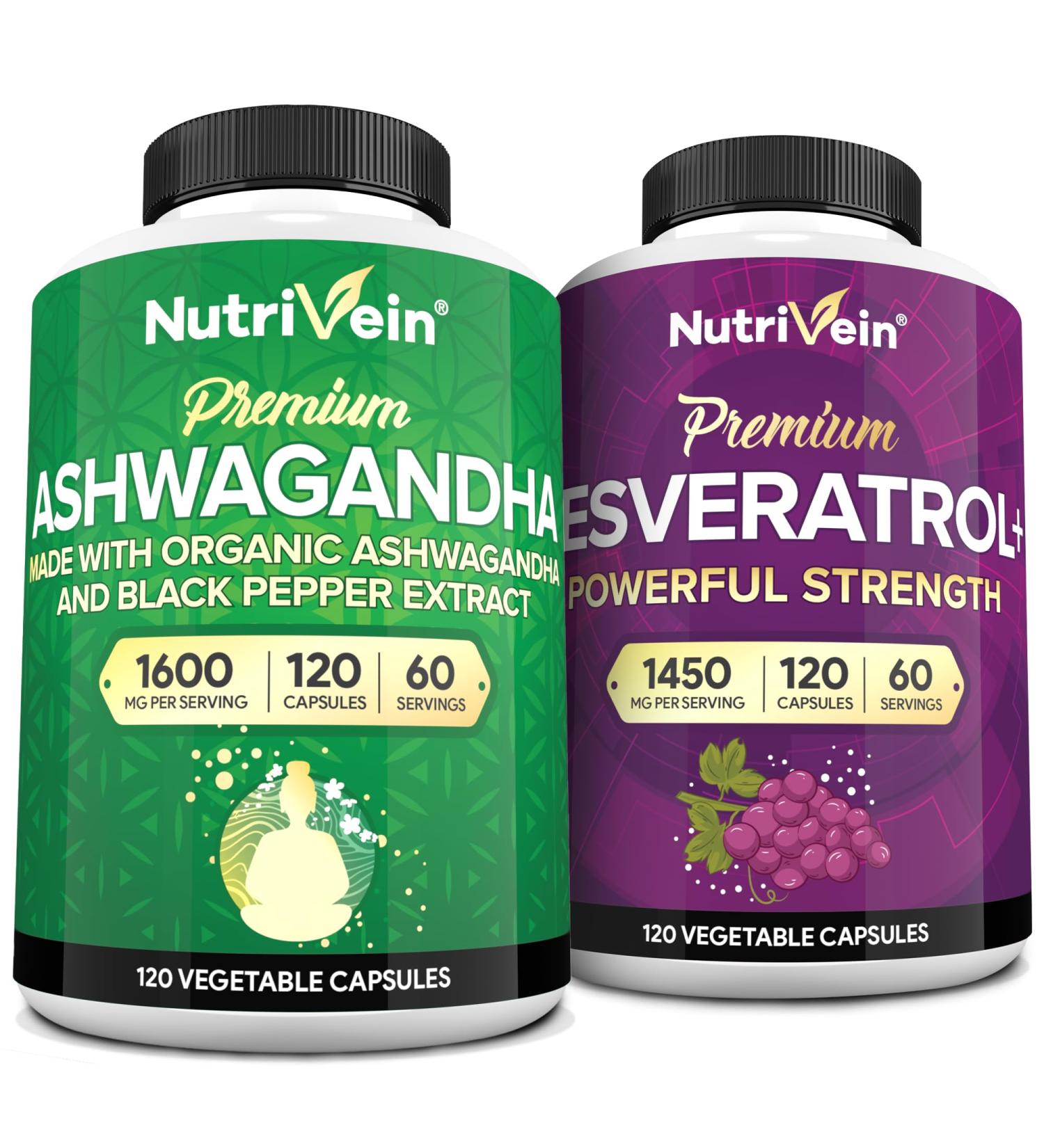 Nutrivein Premium Ashwagandha Capsules & Resveratrol Supplement Bundle: High-Absorption Resveratrol Capsules and Ashwagandha Supplements for Balance, Vitality, & Repair - Buy Online on GoSupps.com